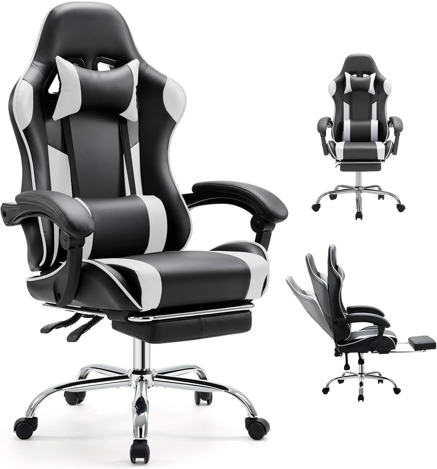 Angle. Sweet - Ergonomic Gaming Chair with Footrest and Headrest, PU Leather Height Adjustable Office Desk Chairs for Adults - Black White.