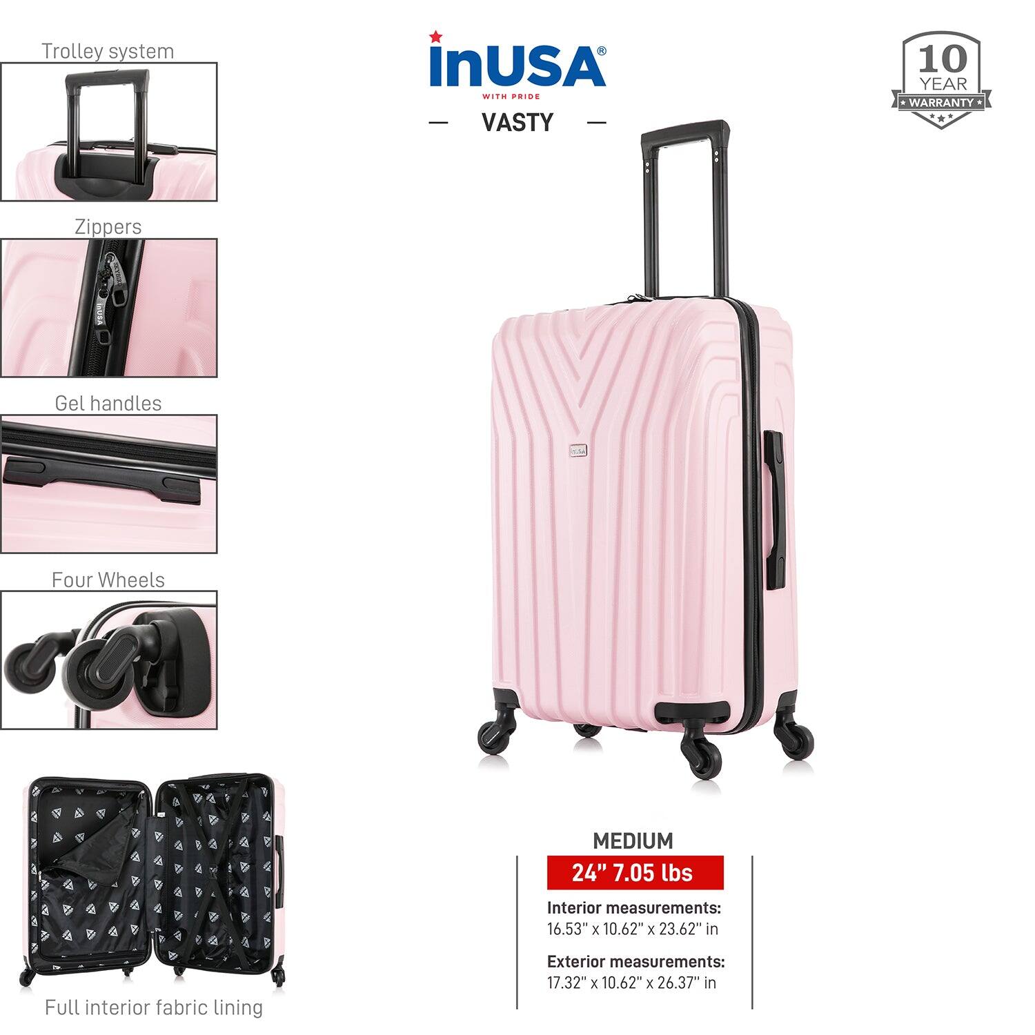 - Trolley system
- Zippers
- Gel handles
- Four Wheels
- Full interior fabric lining

MEDIUM  
24" 7.05 lbs

Interior measurements:  
16.53" x 10.62" x 23.62" in

Exterior measurements:  
17.32" x 10.62" x 26.37" in

10 YEAR WARRANTY