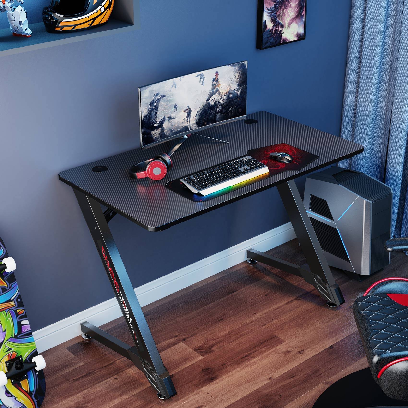 Front. Eureka Ergonomic - 43" Z-Shaped Gaming Desk with Carbon Steel Frame - Black.