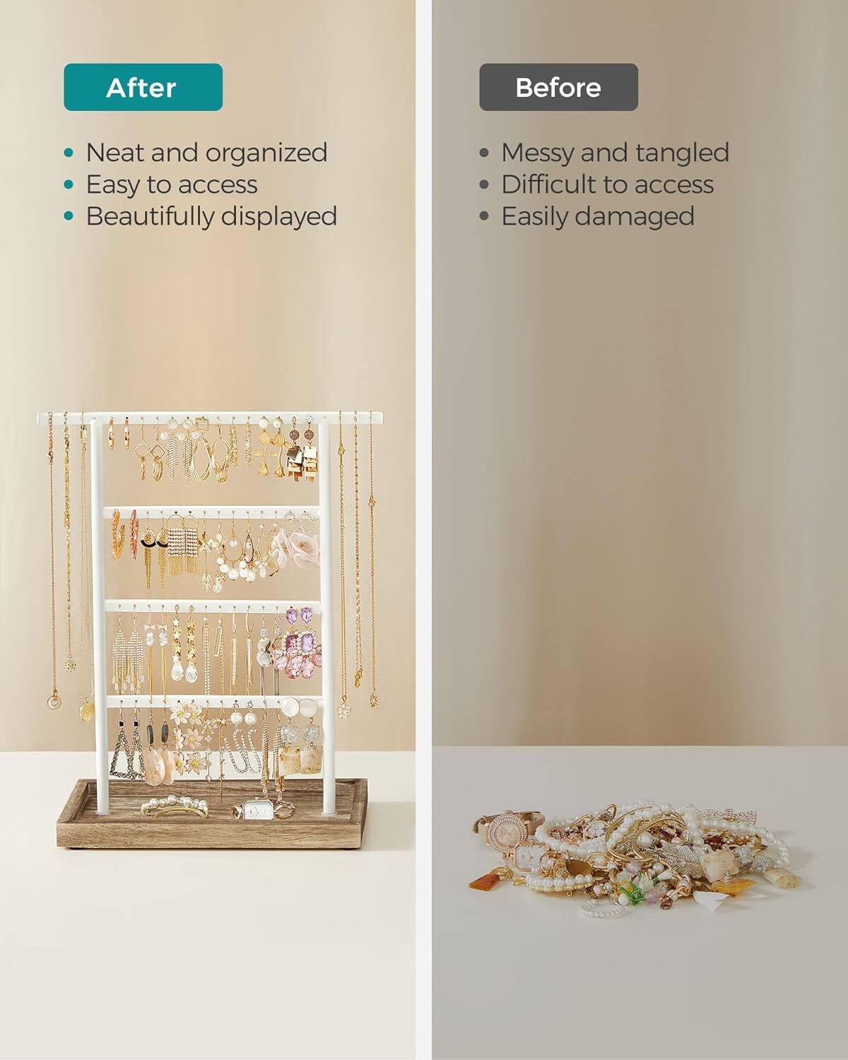 After:
- Neat and organized
- Easy to access
- Beautifully displayed

Before:
- Messy and tangled
- Difficult to access
- Easily damaged