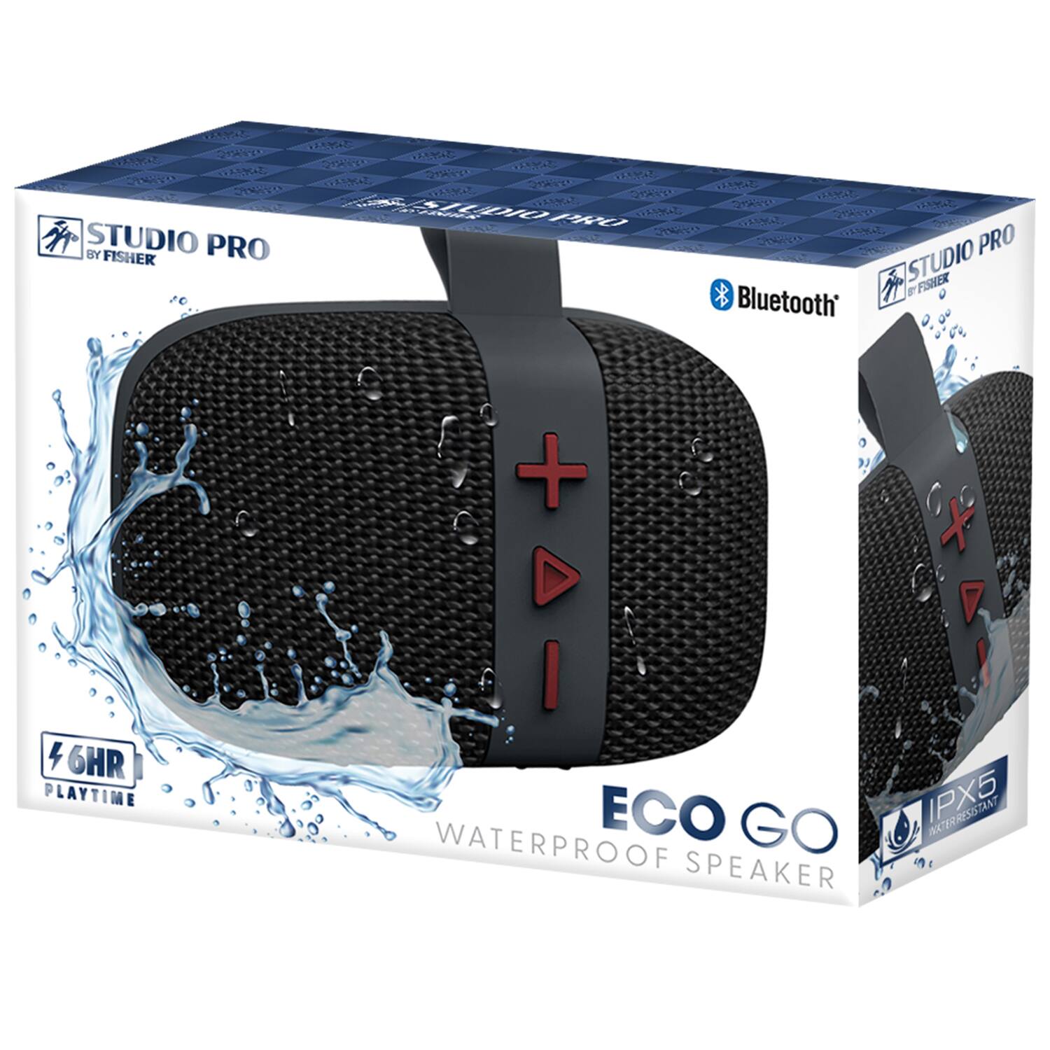 STUDIO PRO BY FISHER

Bluetooth

4HR PLAYTIME

ECO GO WATERPROOF SPEAKER IPX5 RESISTANT