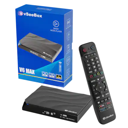 Sure, here is the corrected and grouped text from the image:
---
**vSeeBox SMART MEDIA PLAYER**
**V6 MAX**
- 4GB RAM
- 64GB ROM
- 8K ULTRA HD
**Features:**
- Dual Band WiFi
- Bluetooth
- Android 4.4
- 4K ULTRA HD
**Remote Control:**
- VOL+
- VOL-
- 1 2 3
- 4 5 6
- 7 8 9
- 0
- FAV
- MENU
- OK
- EXIT
- INFO
- EPG
- AUDIO
- NETFLIX
- YouTube
- vSeeBox
**vSeeBox V6 MAX**
8K Ultra High-Definition
---
This text includes the product name, specifications, features, and remote control buttons as shown on the packaging and device.