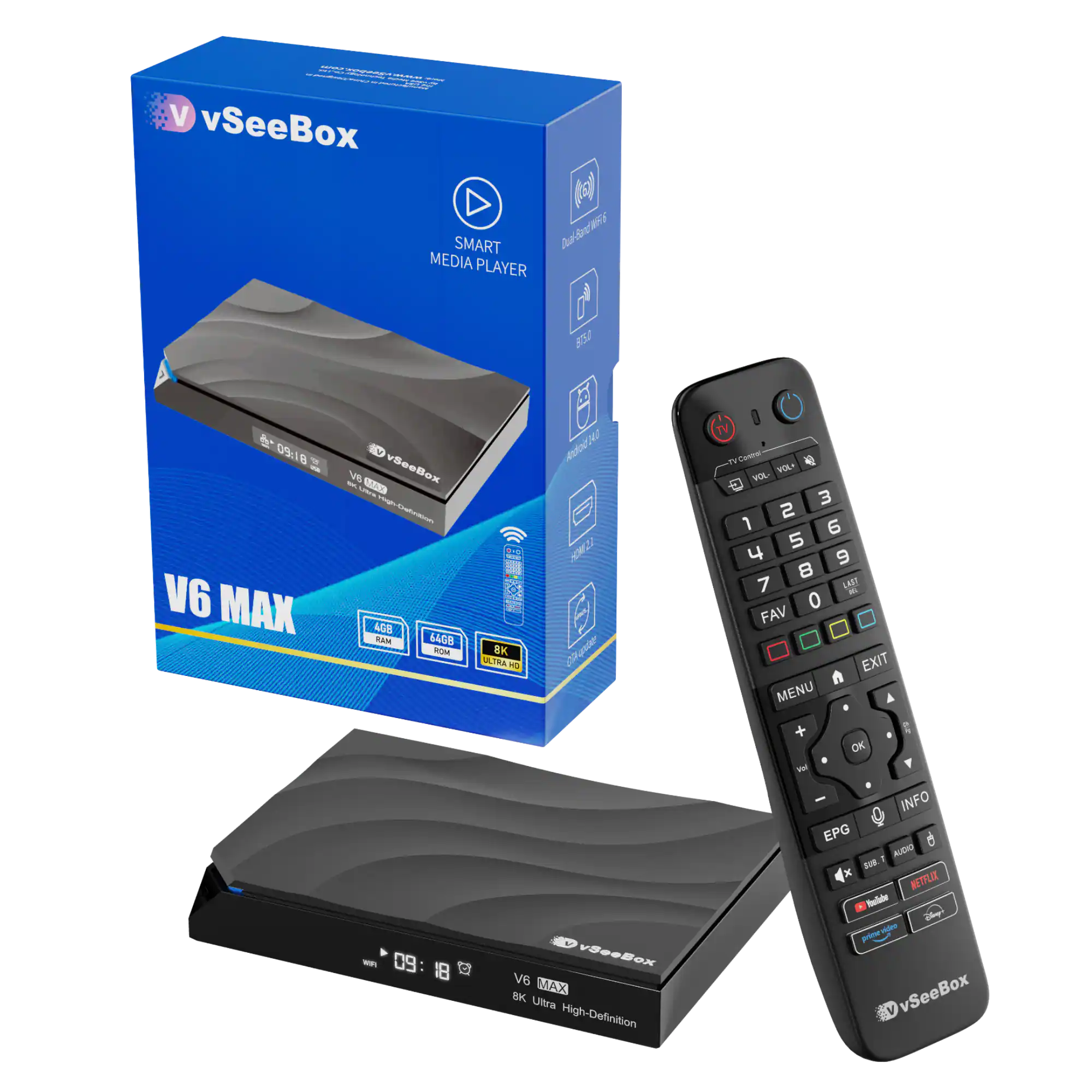 Sure, here is the corrected and grouped text from the image:

---

**vSeeBox SMART MEDIA PLAYER**

**V6 MAX**

- 4GB RAM
- 64GB ROM
- 8K ULTRA HD

**Features:**
- Dual Band WiFi
- Bluetooth
- Android 4.4
- 4K ULTRA HD

**Remote Control:**
- VOL+
- VOL-
- 1 2 3
- 4 5 6
- 7 8 9
- 0
- FAV
- MENU
- OK
- EXIT
- INFO
- EPG
- AUDIO
- NETFLIX
- YouTube
- vSeeBox

**vSeeBox V6 MAX**
8K Ultra High-Definition

---

This text includes the product name, specifications, features, and remote control buttons as shown on the packaging and device.