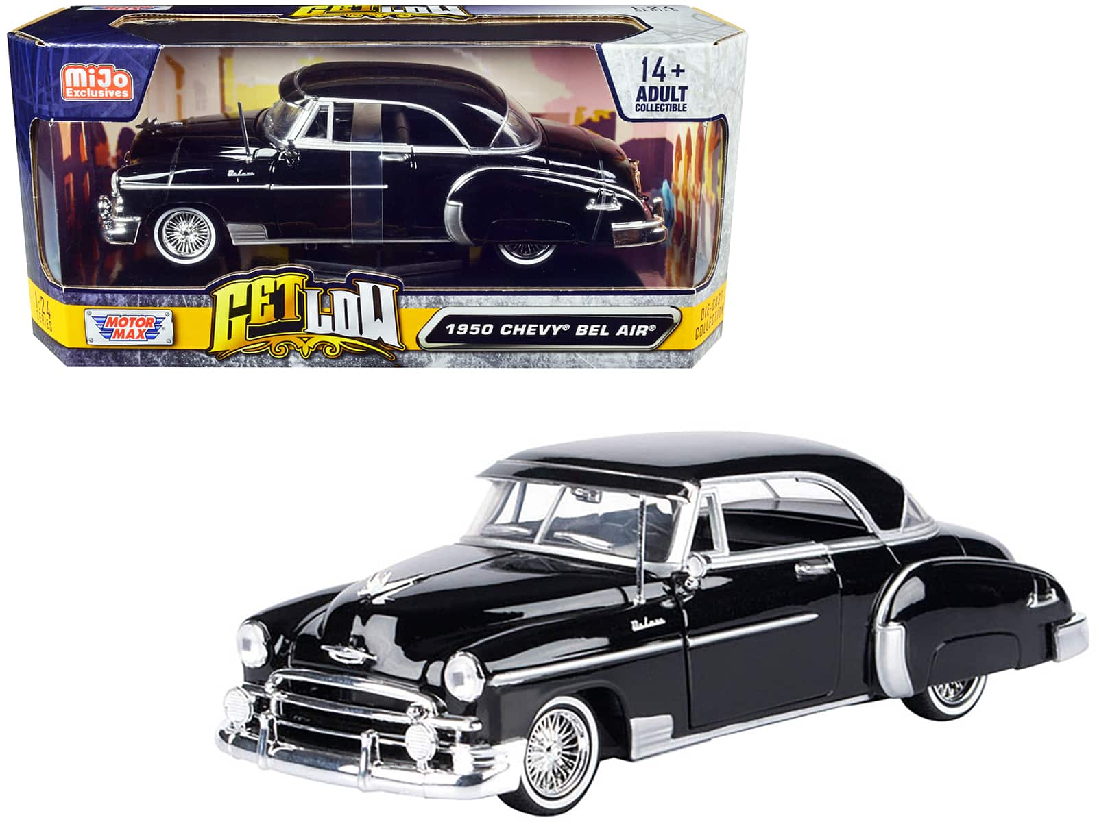 "1950 Chevrolet Bel Air Lowrider Black ""Get Low"" Series 1/24 Diecast Model Car by Motormax" price history on PriceWatchPro