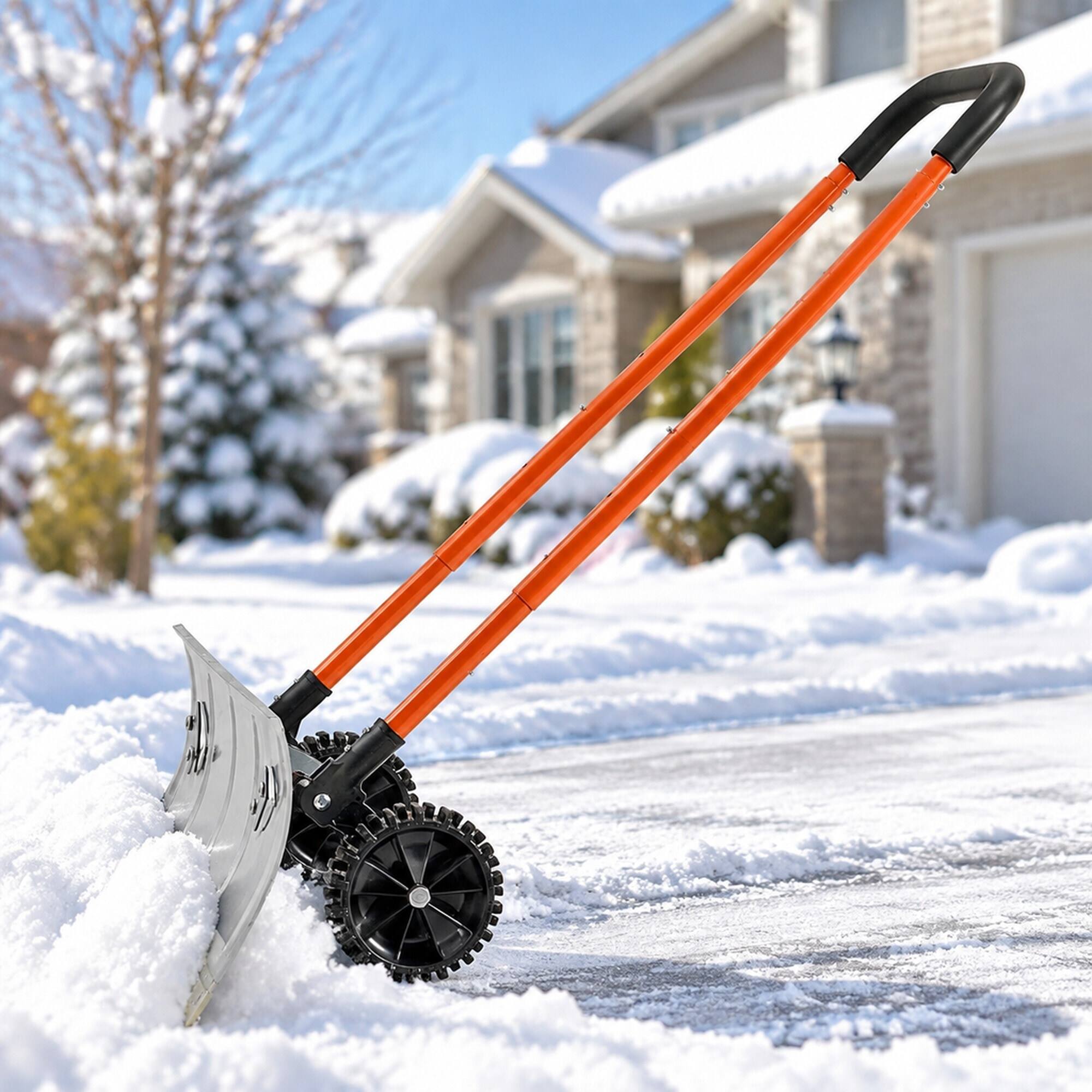 Back. RYHNUYNE - 24 in Snow Pusher Shovel, Metal Snow Plow, Adjustable Handle, Anti-Slip Wheels, Driveway Clearing - Gray.