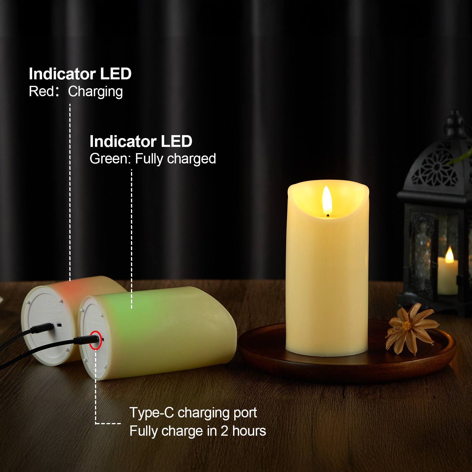 Indicator LED Red: Charging  
Indicator LED Green: Fully charged  
Type-C charging port  
Fully charge in 2 hours