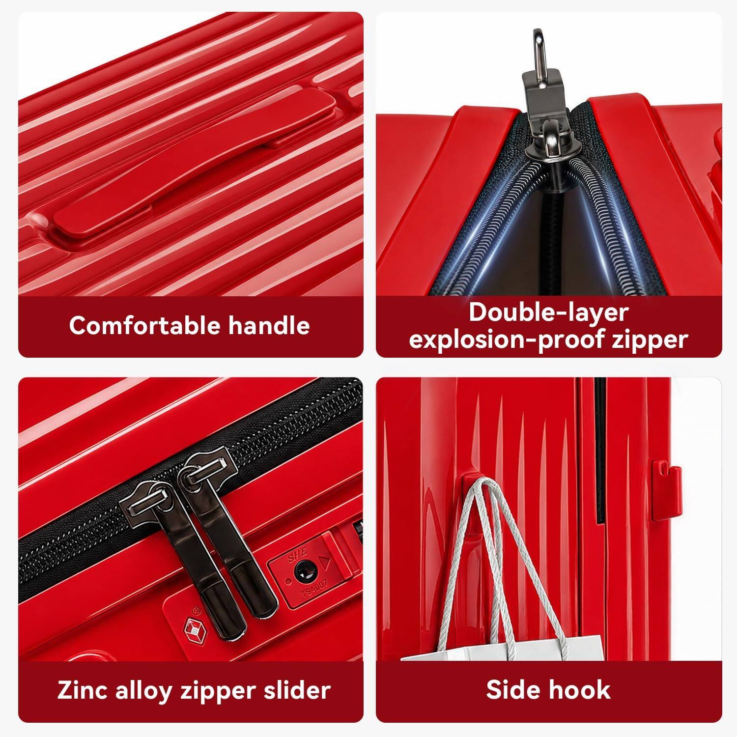 Comfortable handle  
Double-layer explosion-proof zipper  
Zinc alloy zipper slider  
Side hook