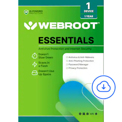 AI-POWERED PROTECTION
1 DEVICE 1 YEAR
WEBROOT™
ESSENTIALS
Antivirus Protection and Internet Security
Doesn't Slow Down
Scans in a Flash
Doesn't Use Up Space
Antivirus & Anti-Malware
Anti-Phishing Protection
Password Manager
Privacy Protection
OS
iOS