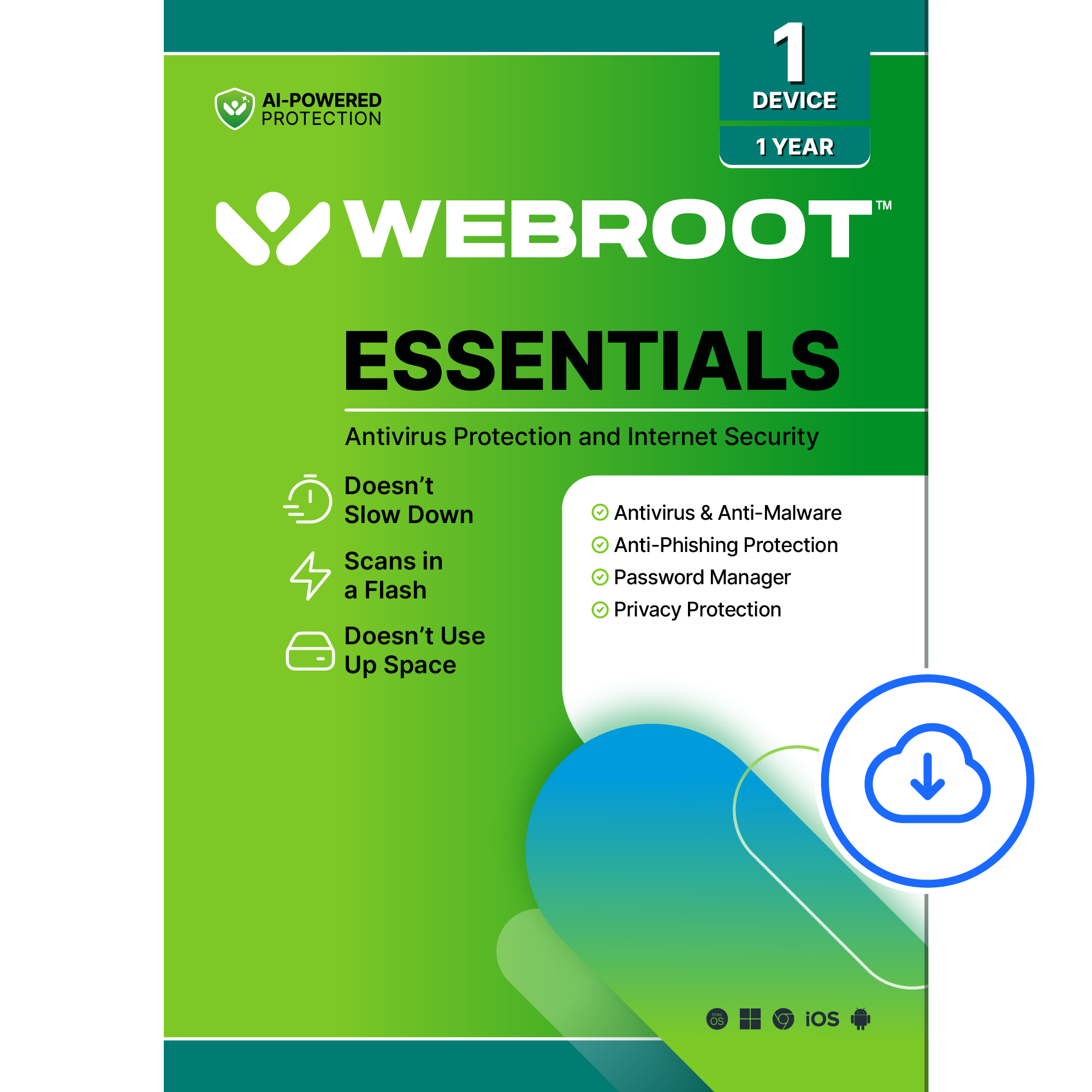 Webroot - Essentials Antivirus Protection and Internet Security (1 Device) (1-Year Subscription) [Digital] - Android, Apple iOS, Chrome, Mac OS, Windows [Digital]
