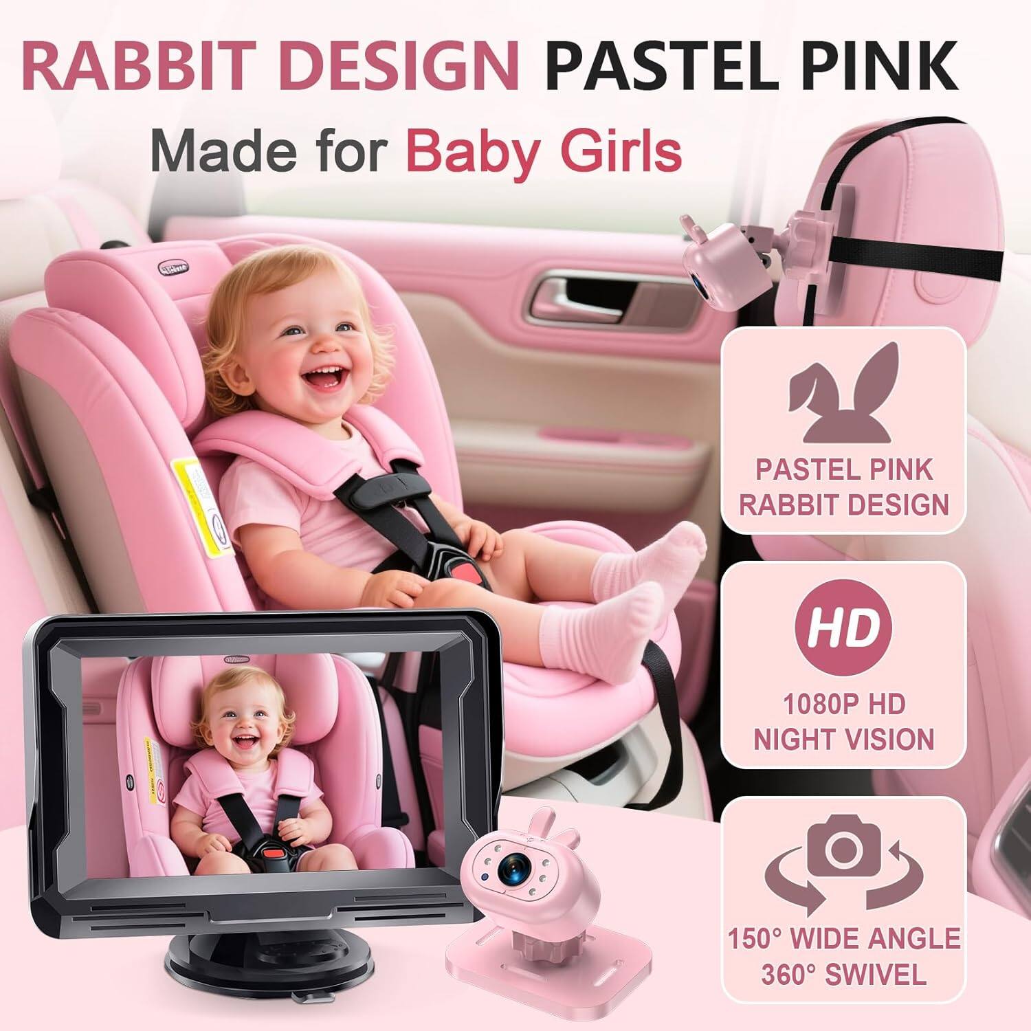 RABBIT DESIGN PASTEL PINK  
Made for Baby Girls  

PASTEL PINK RABBIT DESIGN  
HD 1080P NIGHT VISION  
150° WIDE ANGLE  
360° SWIVEL