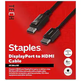 Staples TECH - 6 ft. DisplayPort to HDMI Audio/Video Cable, Male to Male, (ST62466) - Black