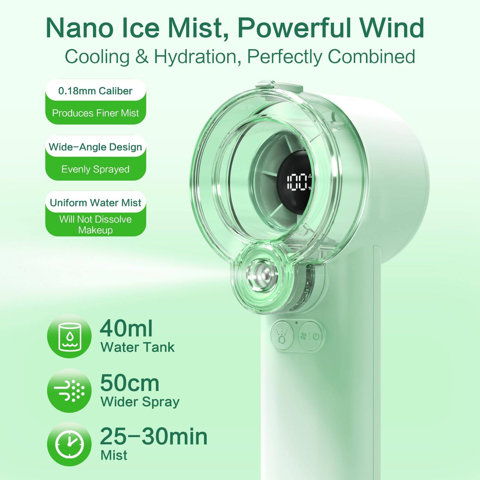 Nano Ice Mist, Powerful Wind Cooling & Hydration, Perfectly Combined  
0.18mm Caliber Produces Finer Mist  
Wide-Angle Design Evenly Sprayed  
Uniform Water Mist Will Not Dissolve Makeup  
40ml Water Tank  
50cm Wider Spray  
25-30min Mist