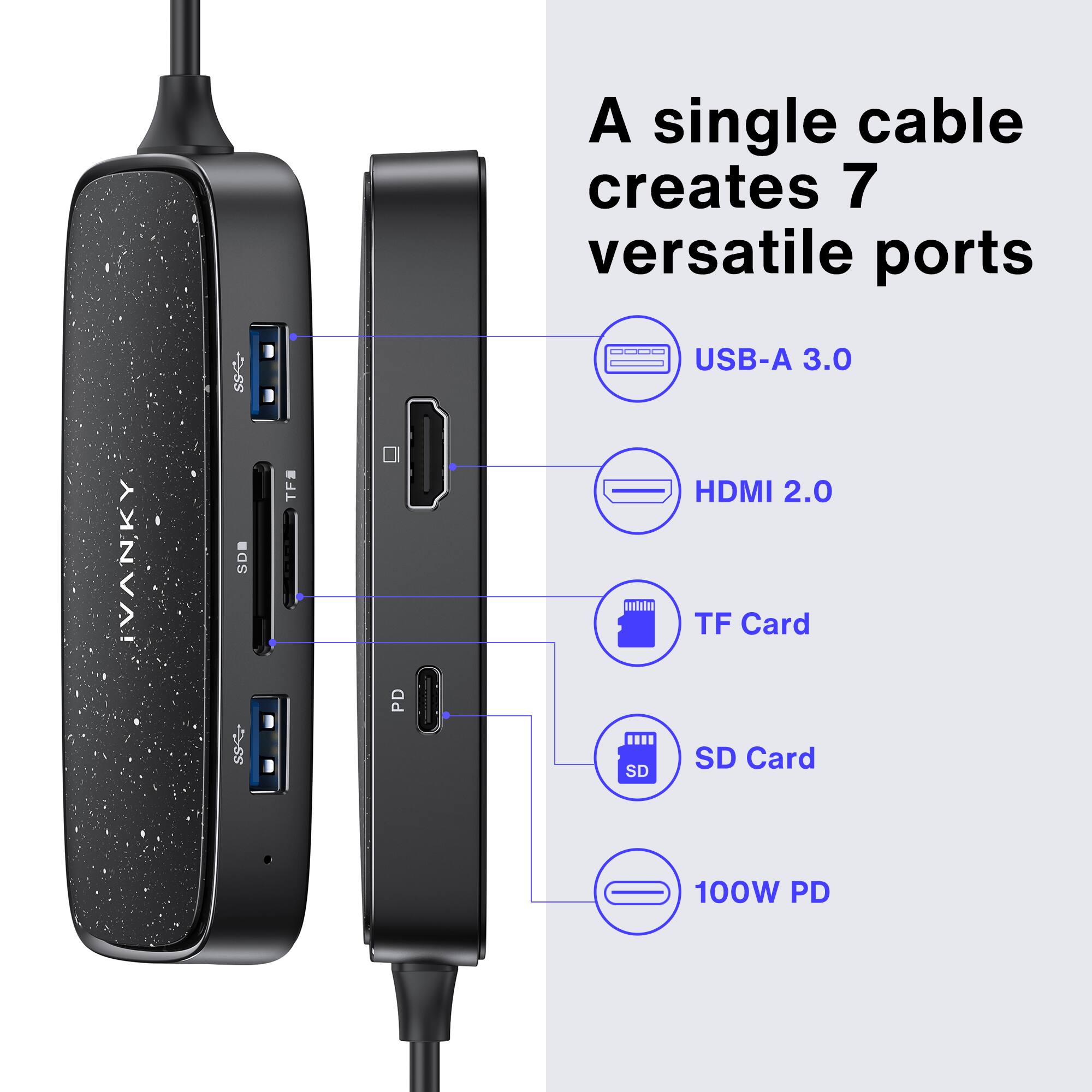 A single cable creates 7 versatile ports. IVANKY. USB-A 3.0, HDMI 2.0, TF Card, SD Card, 100W PD.
