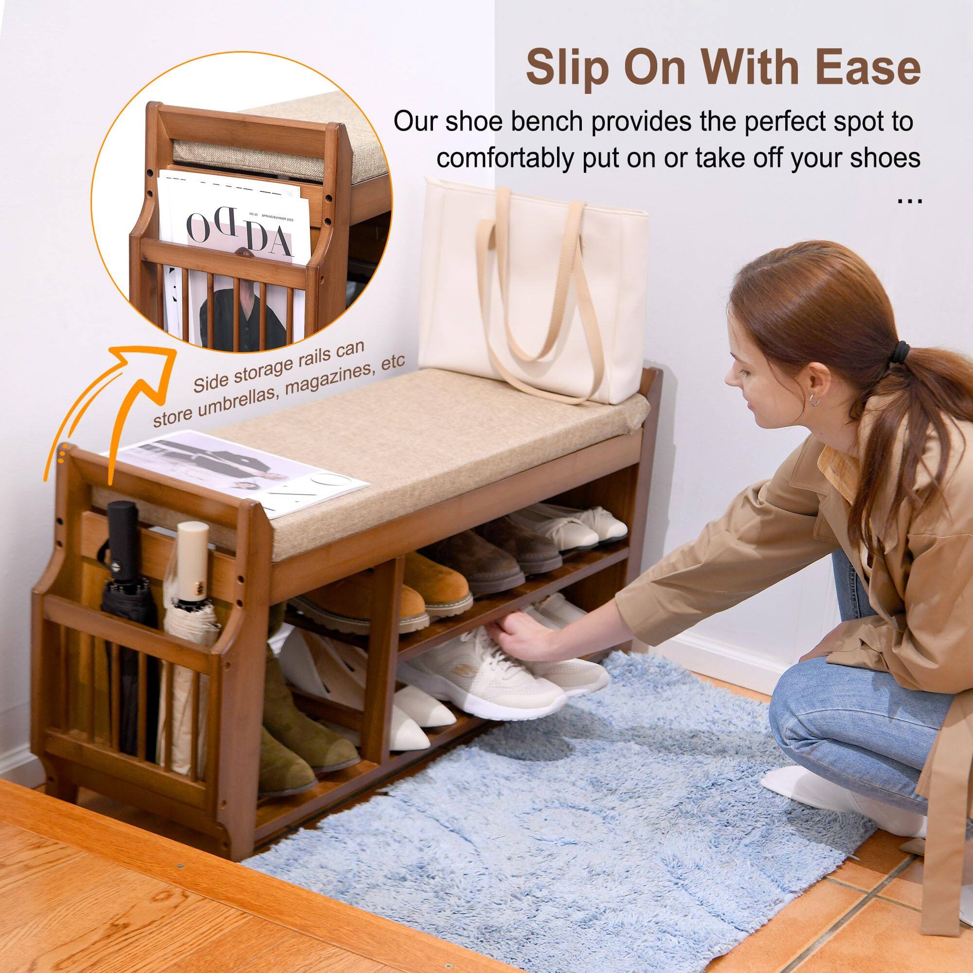 Slip On With Ease

Our shoe bench provides the perfect spot to comfortably put on or take off your shoes ...

Side storage rails can store umbrellas, magazines, etc