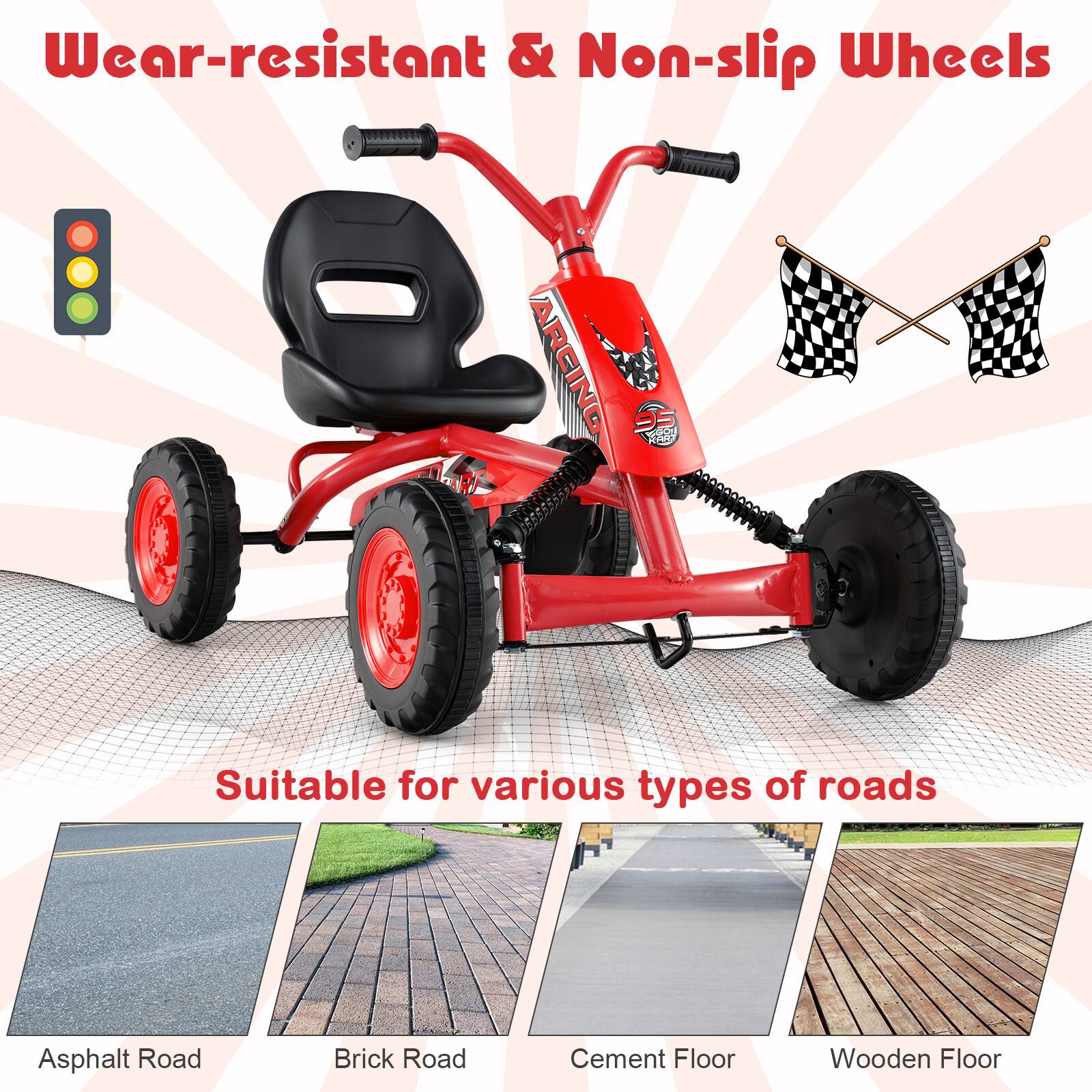 Wear-resistant & Non-slip Wheels

Suitable for various types of roads

- Asphalt Road
- Brick Road
- Cement Floor
- Wooden Floor