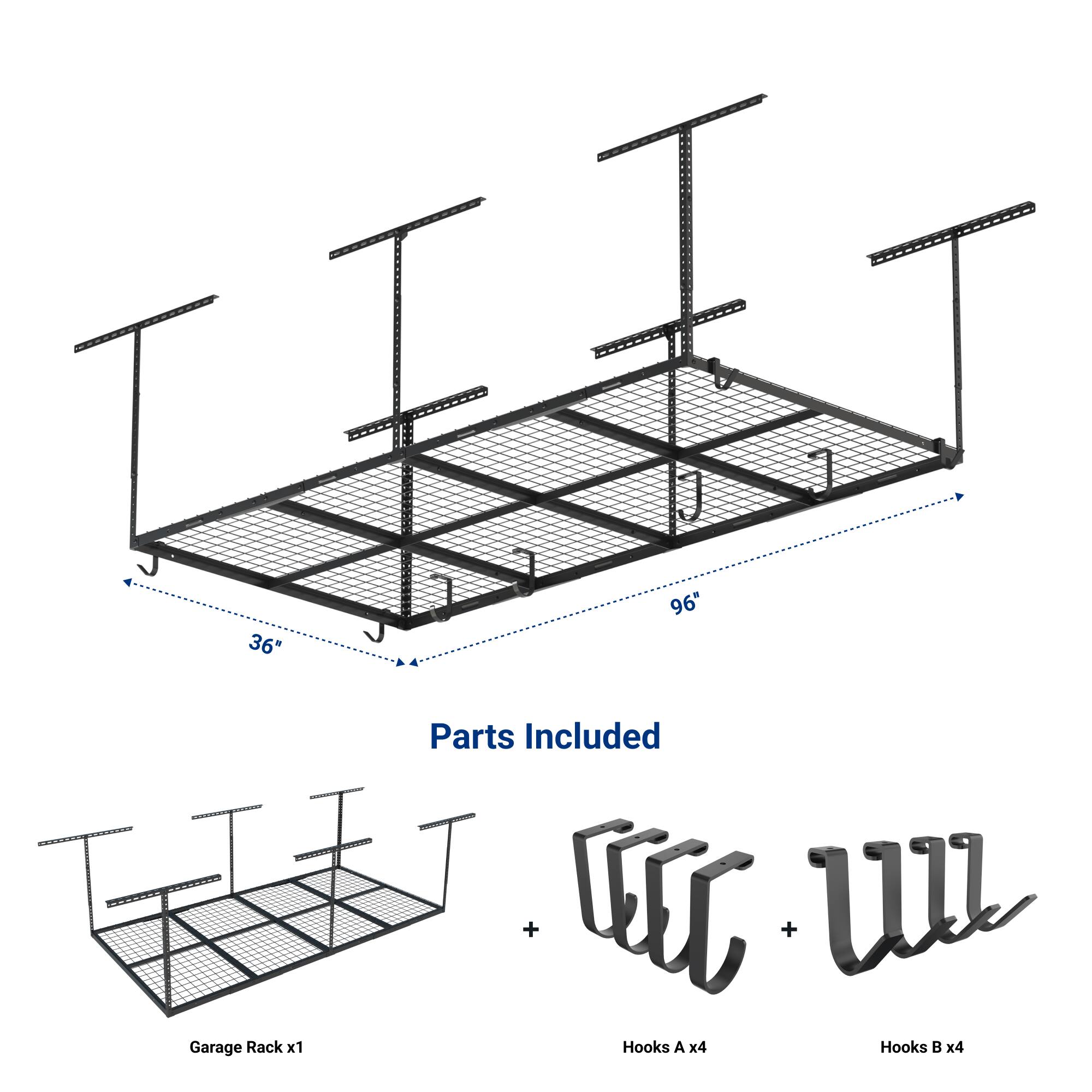36" x 96" Garage Rack x1  
Parts Included:  
+ TEC  
+ Hooks A x4  
+ Hooks B x4