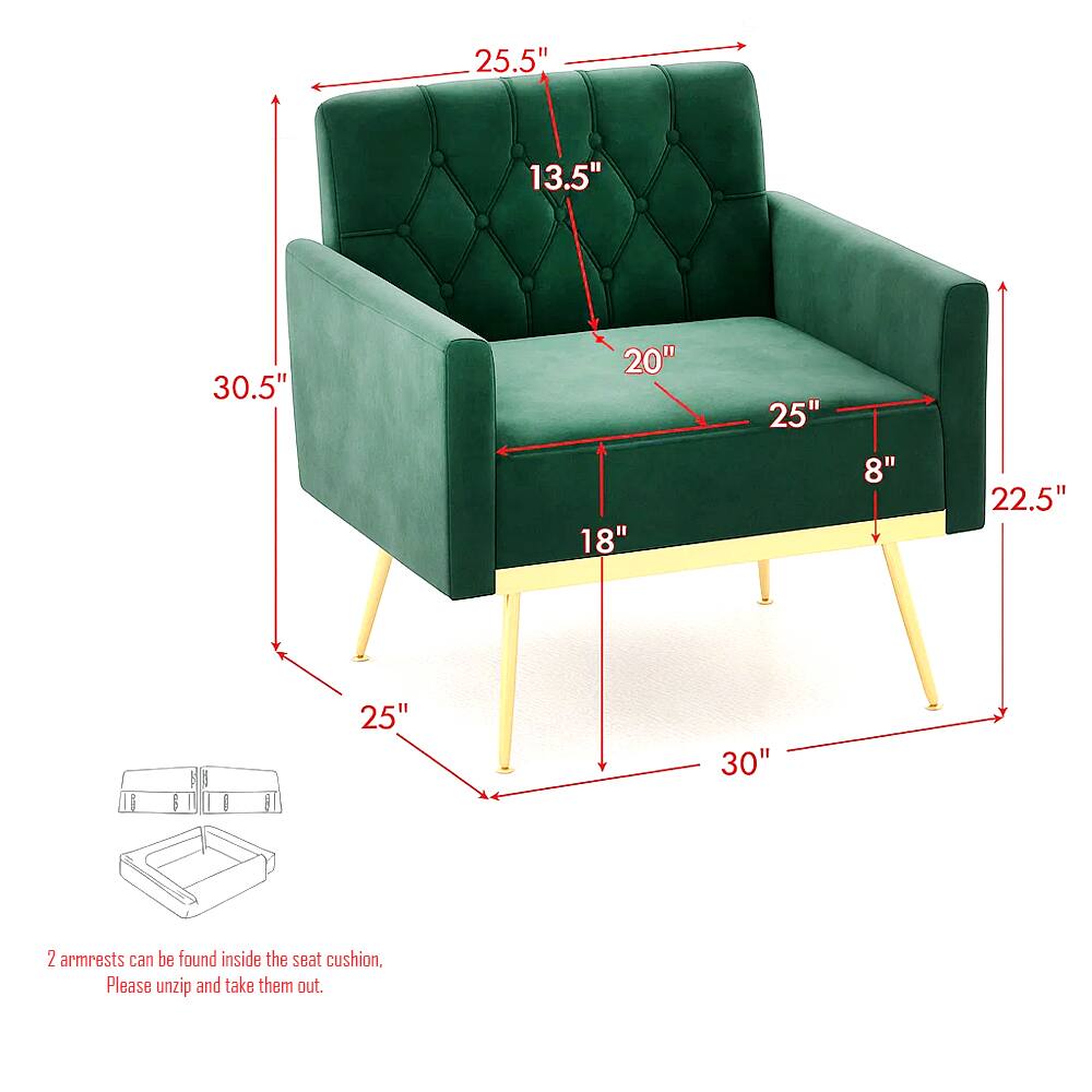 25.5"  
13.5"  
30.5"  
20"  
18"  
25"  
8"  
22.5"  
30"  
25"  

2 armrests can be found inside the seat cushion.  
Please unzip and take them out.