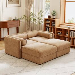 Anysun - Chenille 2-Seater Loveseat with 2 Ottoman Storage - Cylindrical Backrest & Armrests, Modern Hidden Storage Design - Camel