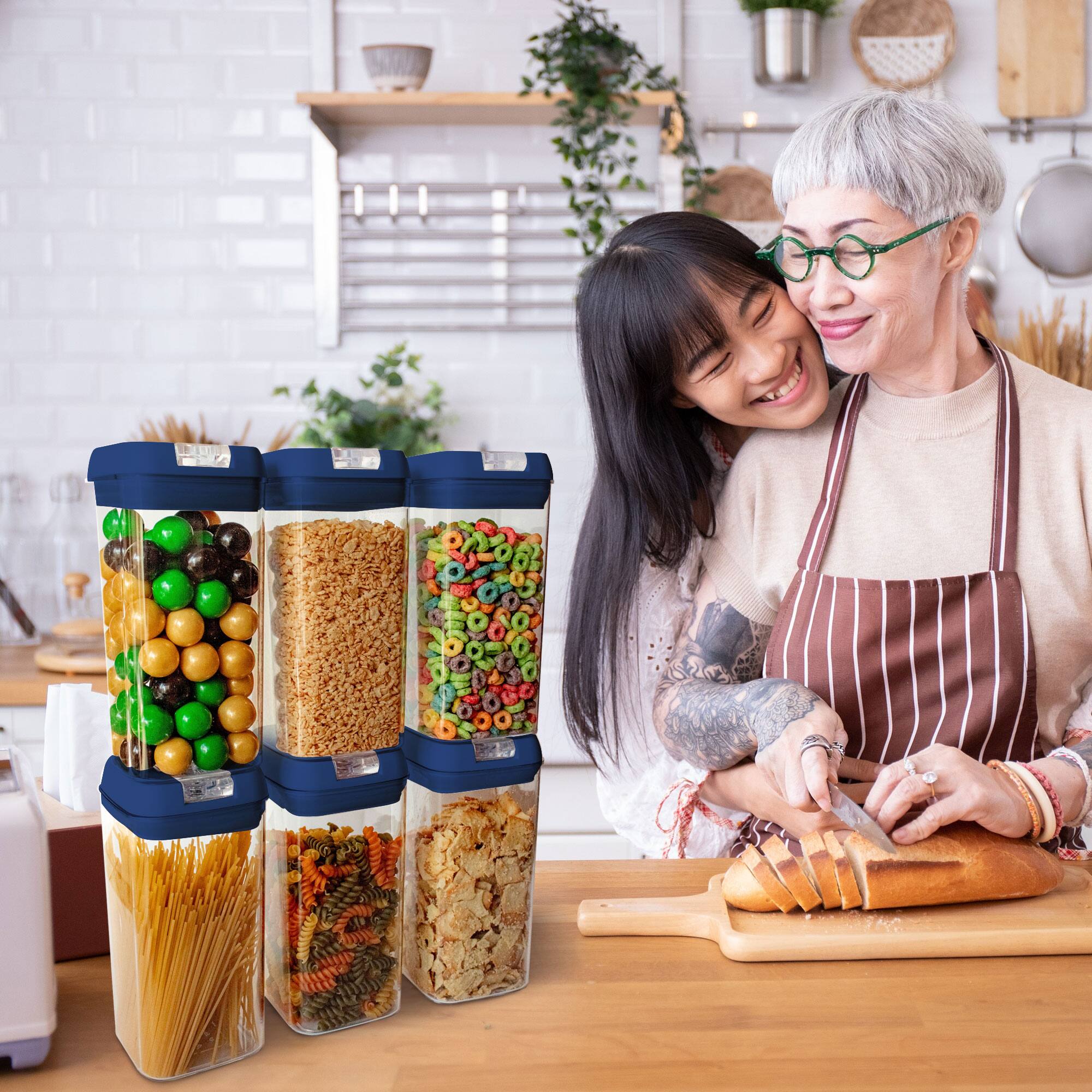 Angle. Cheer Collection - 1.2-Liter Airtight Pantry Food Storage Containers with Secure Flip-Top Lids, 6-Pack, Navy Blue - Navy.