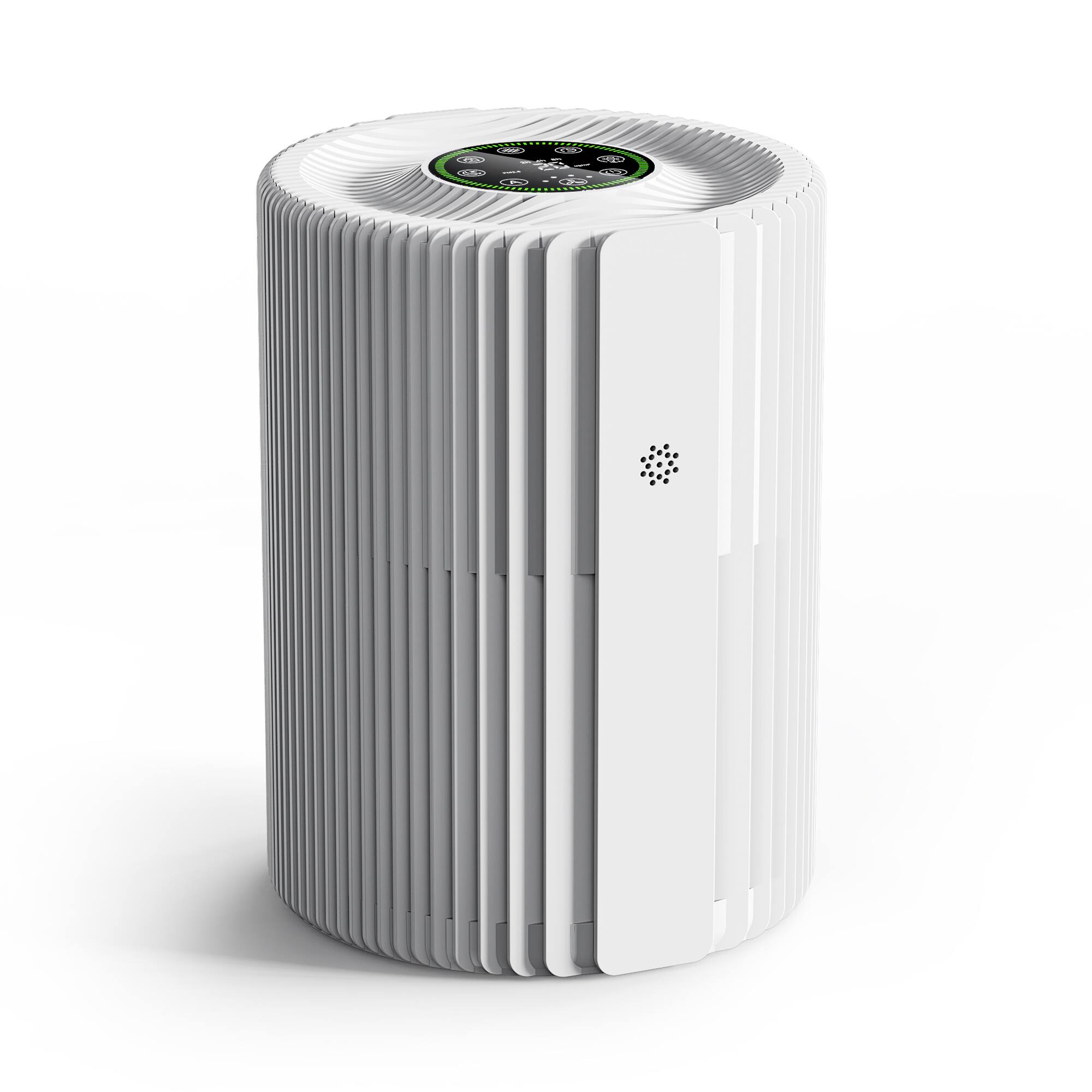 Angle. POMORON - Air Purifier for Bedroom with PM2.5 Sensor, Auto Mode, 4 Fan Speeds, Sleep & Silent Modes, 2/4/8H Timer, Child Lock - white.
