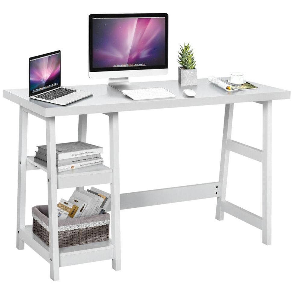 Alt View 1. Kadyn - Wooden Trestle Computer Desk with 2-Tier Removable Shelves-White, Home Office Desks, Gaming Computer Desks for Study - White.