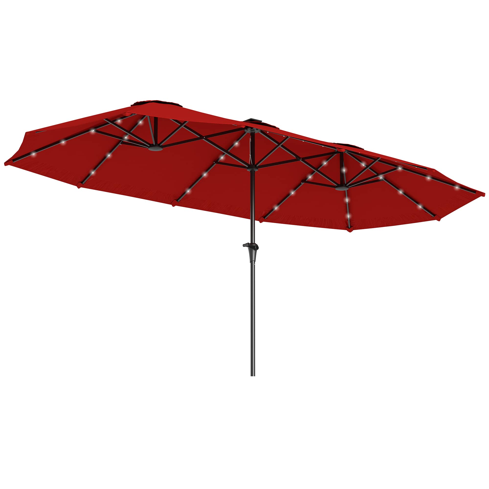 Outsunny - 13ft Large Patio Umbrella with Solar Lights, Rectangular Double-Sided Outdoor Market Umbrella with Crank Handle - Wine Red