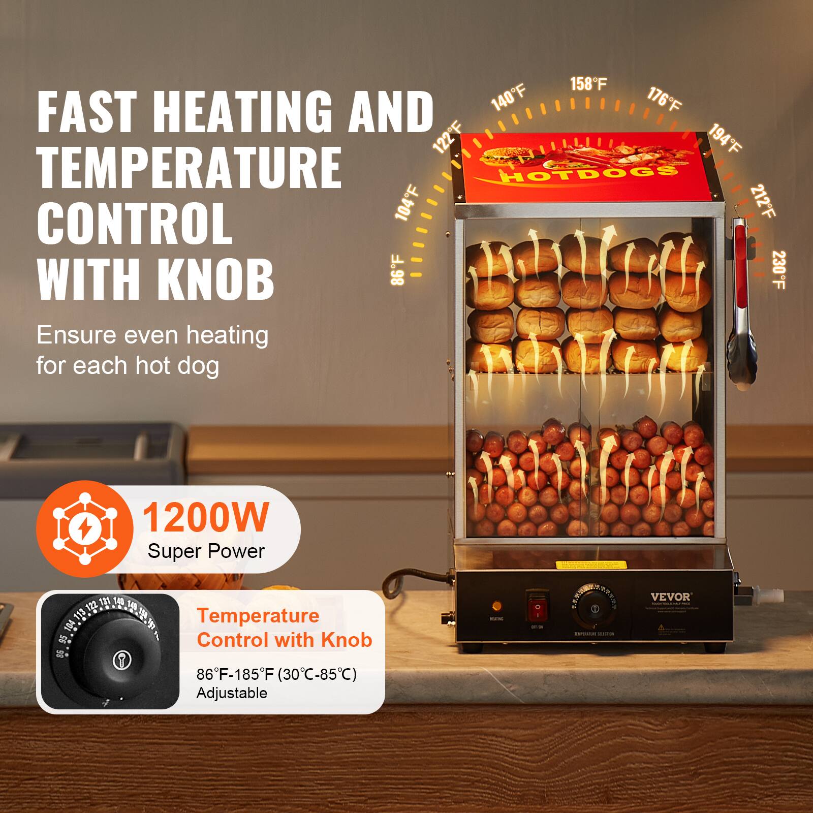 FAST HEATING AND TEMPERATURE CONTROL WITH KNOB  
Ensure even heating for each hot dog  

1200W Super Power  

Temperature Control with Knob 86°F-185°F (30°C-85°C) Adjustable