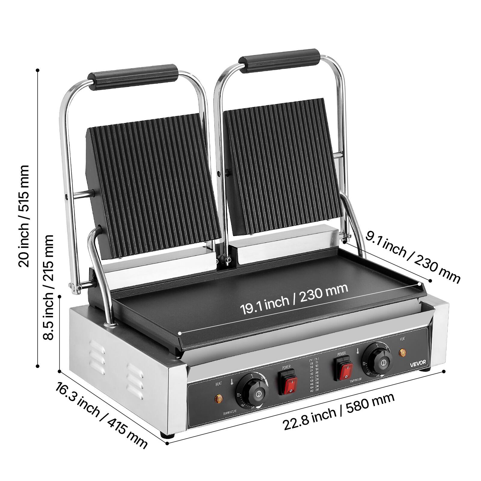 mm 515 / inch 20  
mm 215 / inch 8.5  
16.3 inch / 415 mm  
9.1 inch / 230 mm  
19.1 inch / 230 mm  
22.8 inch / 580 mm  
VEVOR POWER / HAT