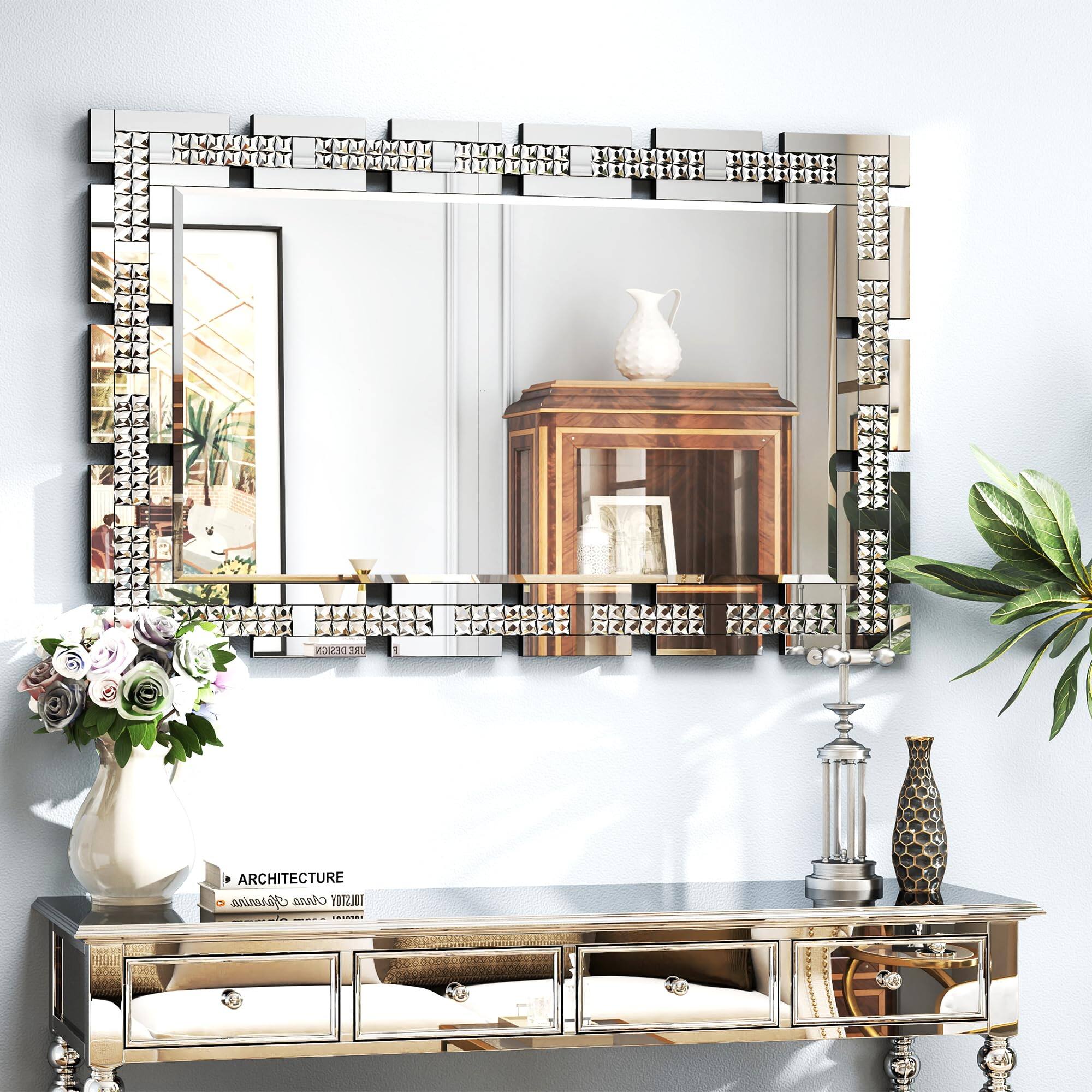 Comfort Essence - Crystal Decorative Wall Mirror For Living Room 36 X Decor With Beveled Edge Rectangle Elegant Dining Entryway - 47"L x 24"W