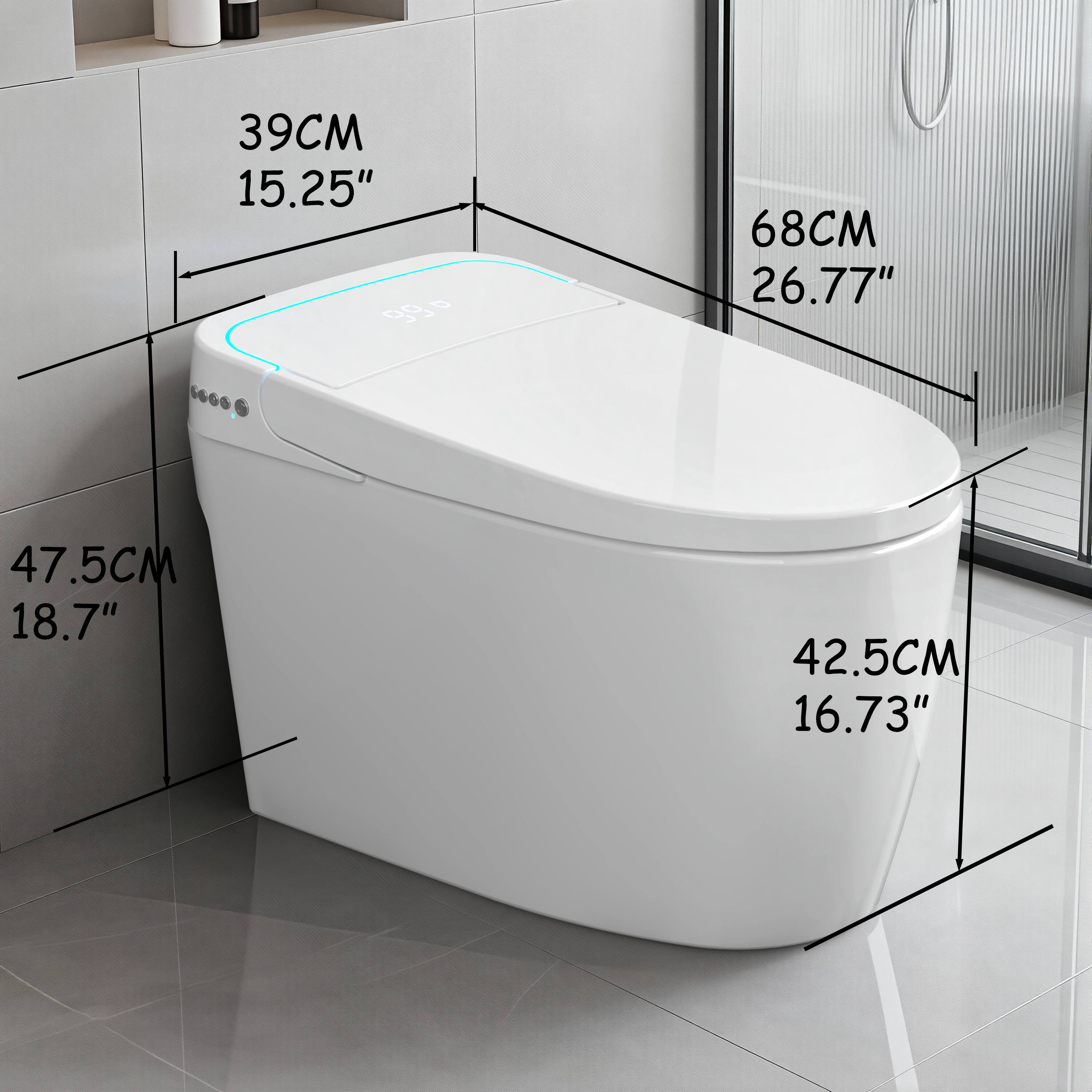 39CM 15.25"  
68CM 26.77"  
47.5CM 18.7"  
42.5CM 16.73"