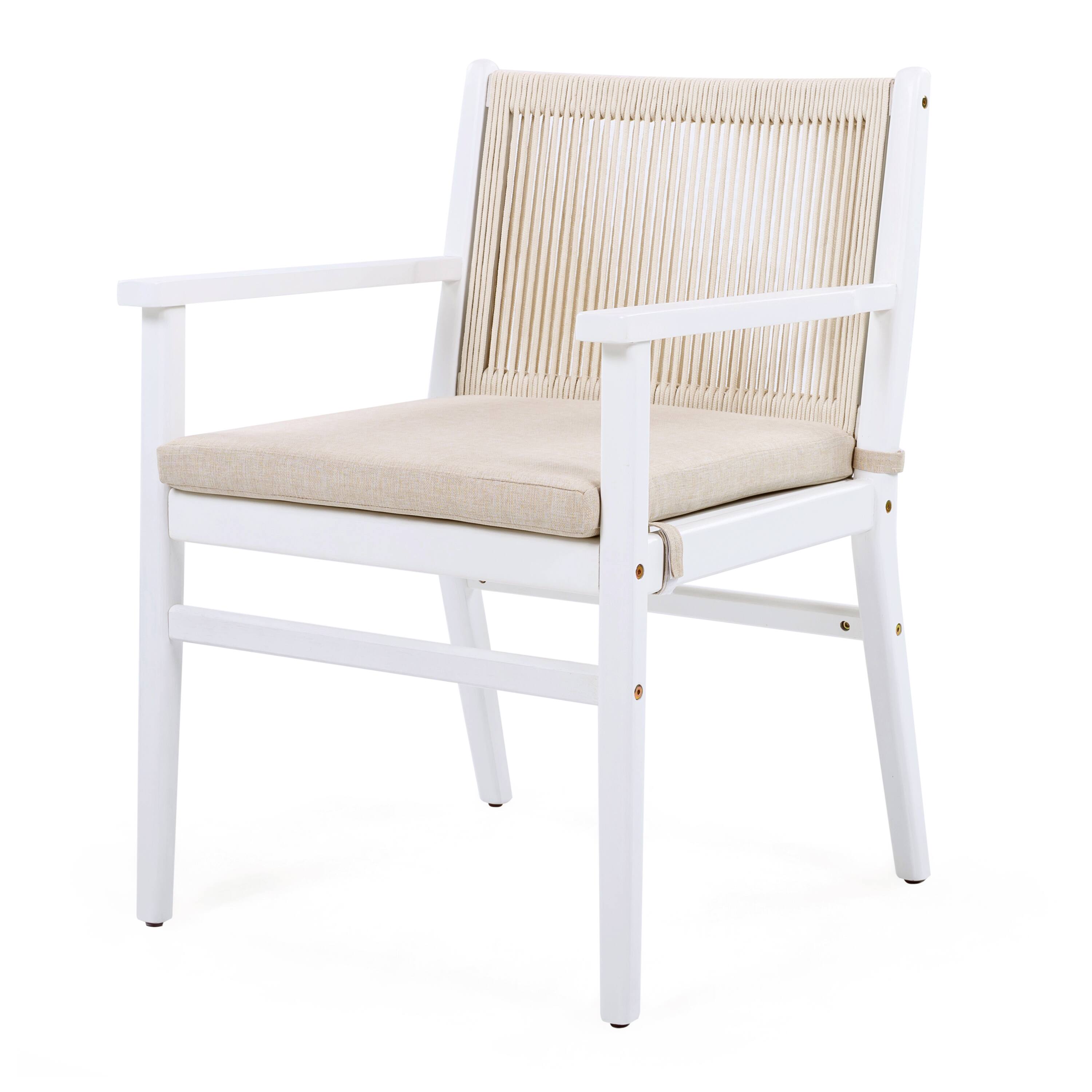 Back. Mondawe - Set of 2 Acacia Wood Patio Armchair with Rope Design Back and Water Repellent Cushion - Beige+White.