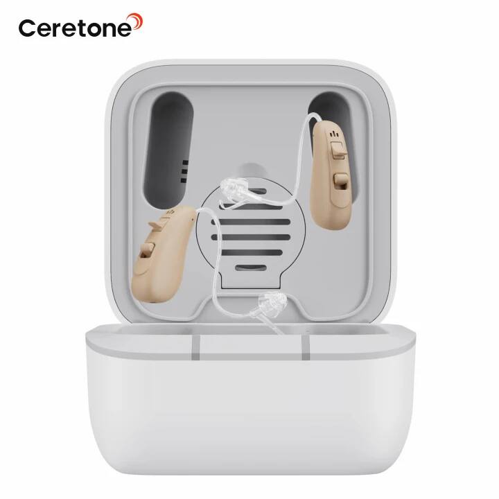 Angle. Ceretone - Solid Rechargeable OTC Hearing Aids - Natural Sound, Noise Reduction, Comfortable BTE Fit, Portable Charging Case - Beige.