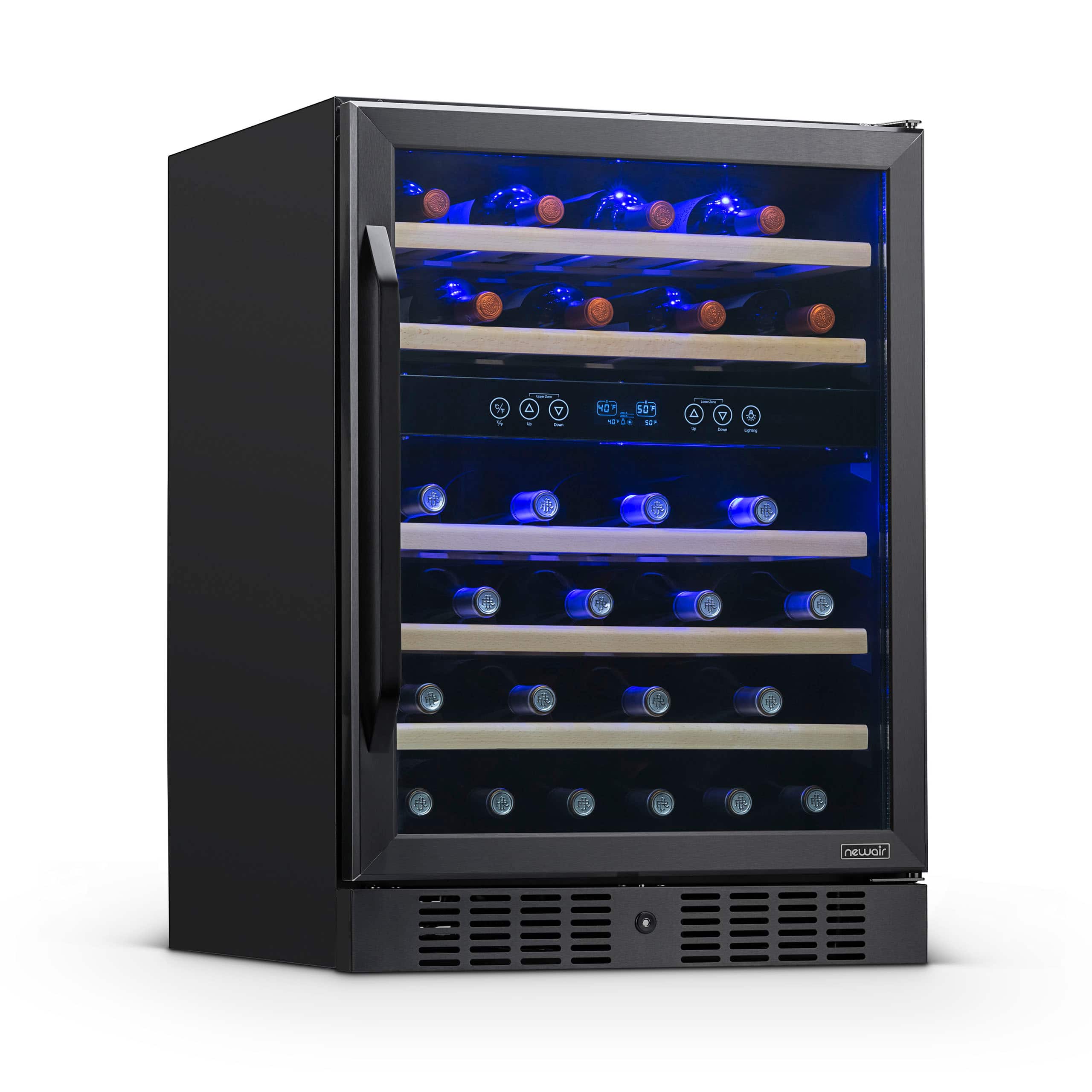 NewAir - 24” Built-in 46 Bottle Dual Zone Compressor Wine Cooler with Beechwood Shelves - Black Stainless Steel - Front_Zoom