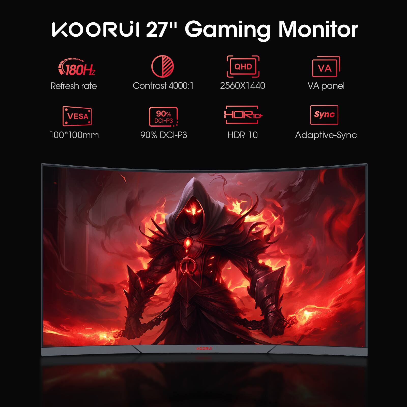 KOORUI 27" Gaming Monitor 180Hz Refresh rate Contrast 4000:1 QHD 2560X1440 VA VA panel VESA 90% DCI-P3 HDR 10 Adaptive-Sync 100*100mm 90% DCI-P3