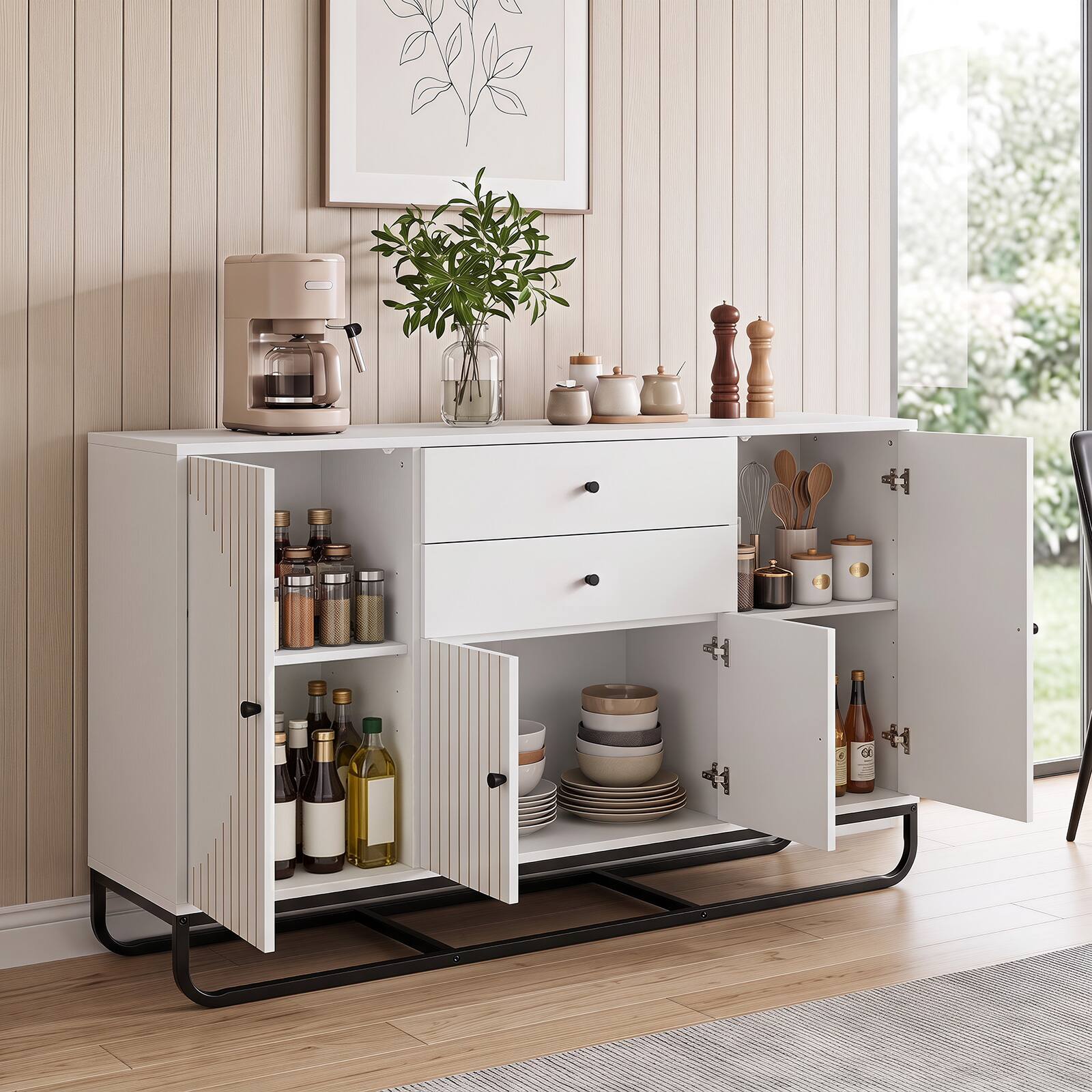 Alt View 4. Costway - Costway Buffet Sideboard Cabinet with 2 Drawers Geometric Design 5-Level Adjustable Shelves - White.