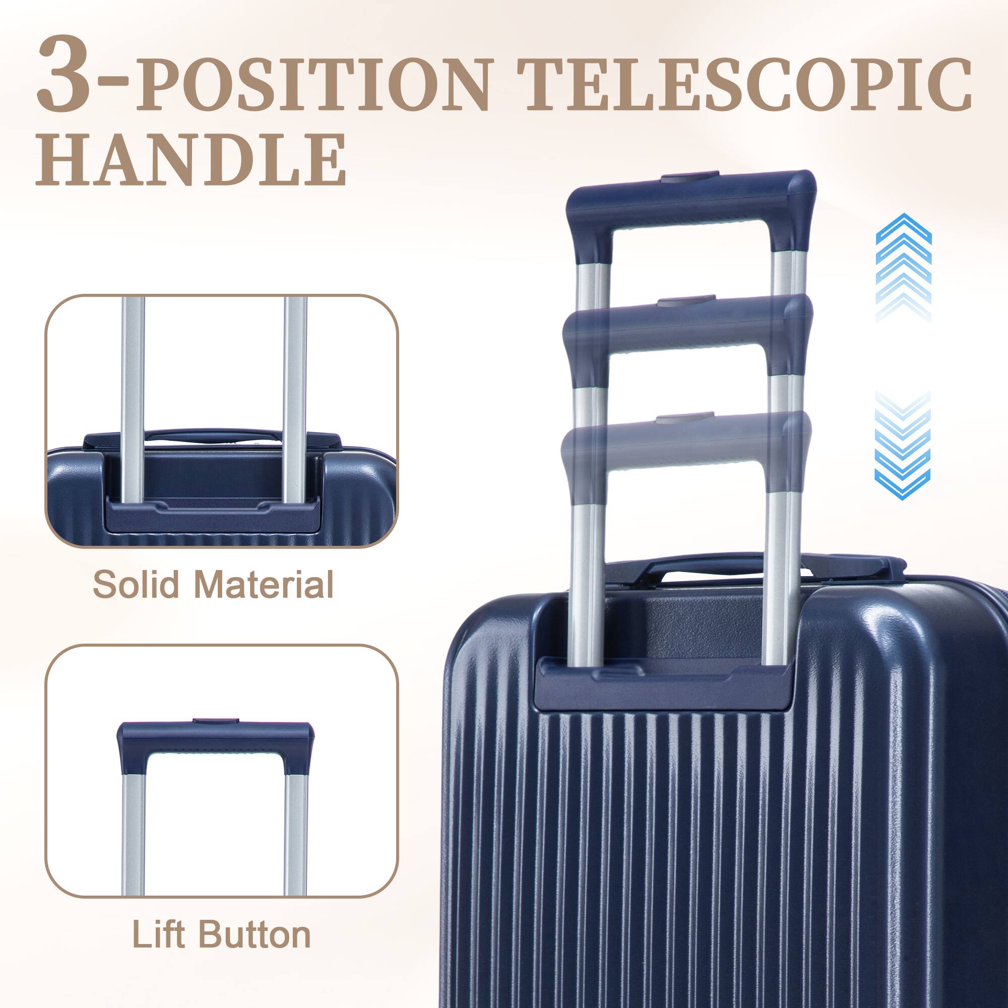 3-POSITION TELESCOPIC HANDLE

Solid Material

Lift Button