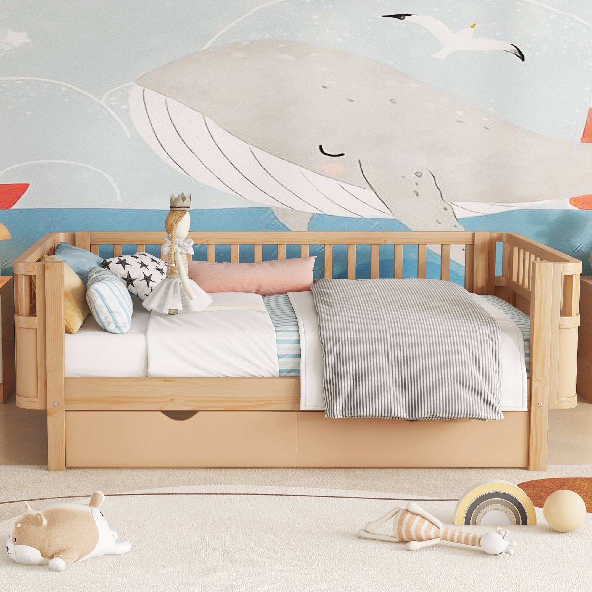 Back. GOODSILO - Twin Size Wood Platform Bed with Safety Rails for Kids, Low Profile Design with Storage Drawers and Modern Style - Natural.