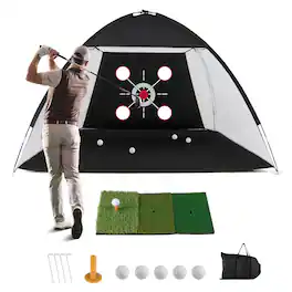 Costway - Golf Net with Foldable Tri-Turf Mat, Multiple Target for Training, Indoor & Outdoor - Black