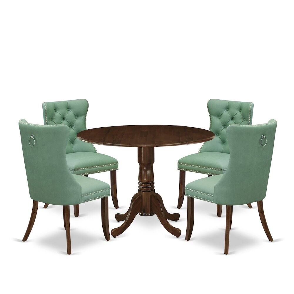Angle. East West Furniture - 5 Piece Dining Table Set Consists of a Round Kitchen Table with Dropleaf - Antique Walnut.