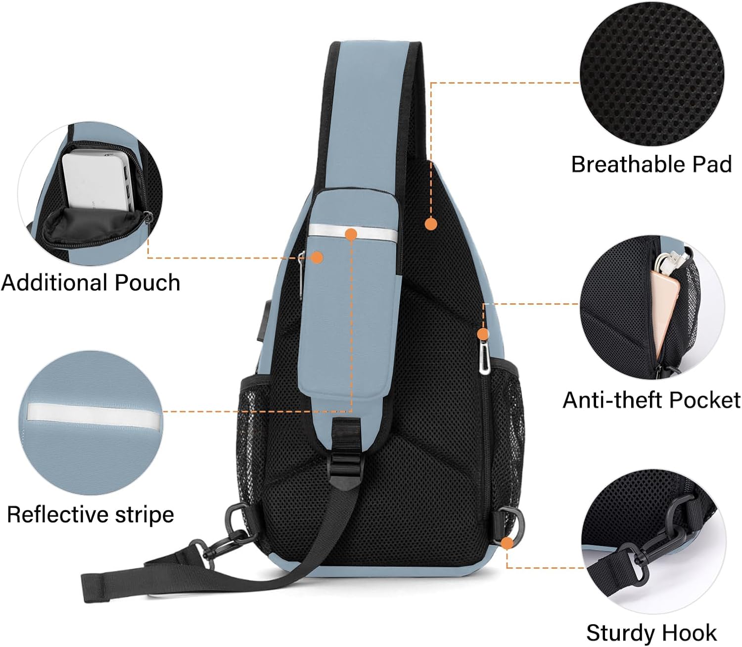 - Breathable Pad
- Additional Pouch
- Anti-theft Pocket
- Reflective Stripe
- Sturdy Hook