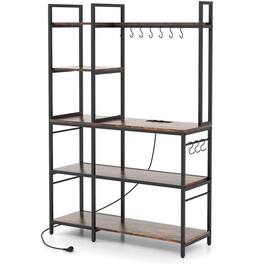 Kadyn - 5-Tier Bakers Rack with Power Outlets and 10 S-Shaped Hooks-Rustic Brown - Brown