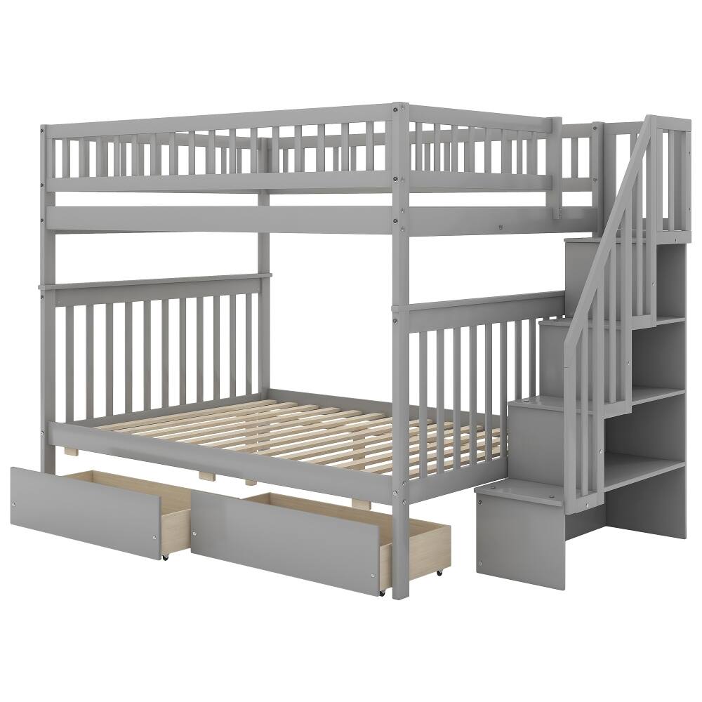 Alt View 1. Loheer - Loheer Full Over Full Bunk Bed with Drawers, Gray Pine Wood Bunk Bed with Storage and Ladder, 250lb Capacity - Gray.
