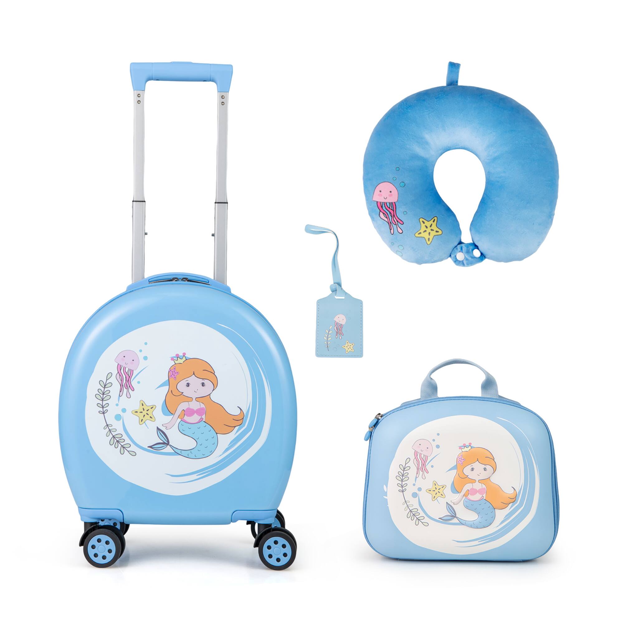 Front. Gymax - Gymax 4-Piece Kid's Luggage Set w/ 14'' Carry-on Hardside Spinner Toddler Luggage Blue - Blue. White.