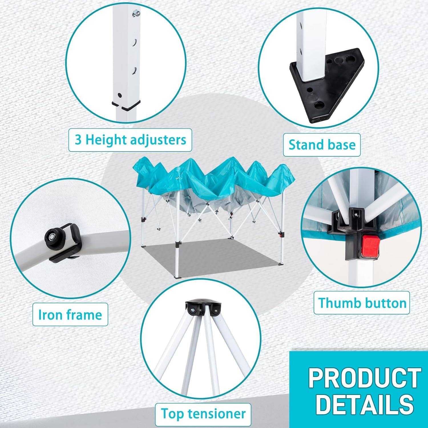 3 Height adjusters  
Stand base  
Iron frame  
Thumb button  
Top tensioner  

PRODUCT DETAILS