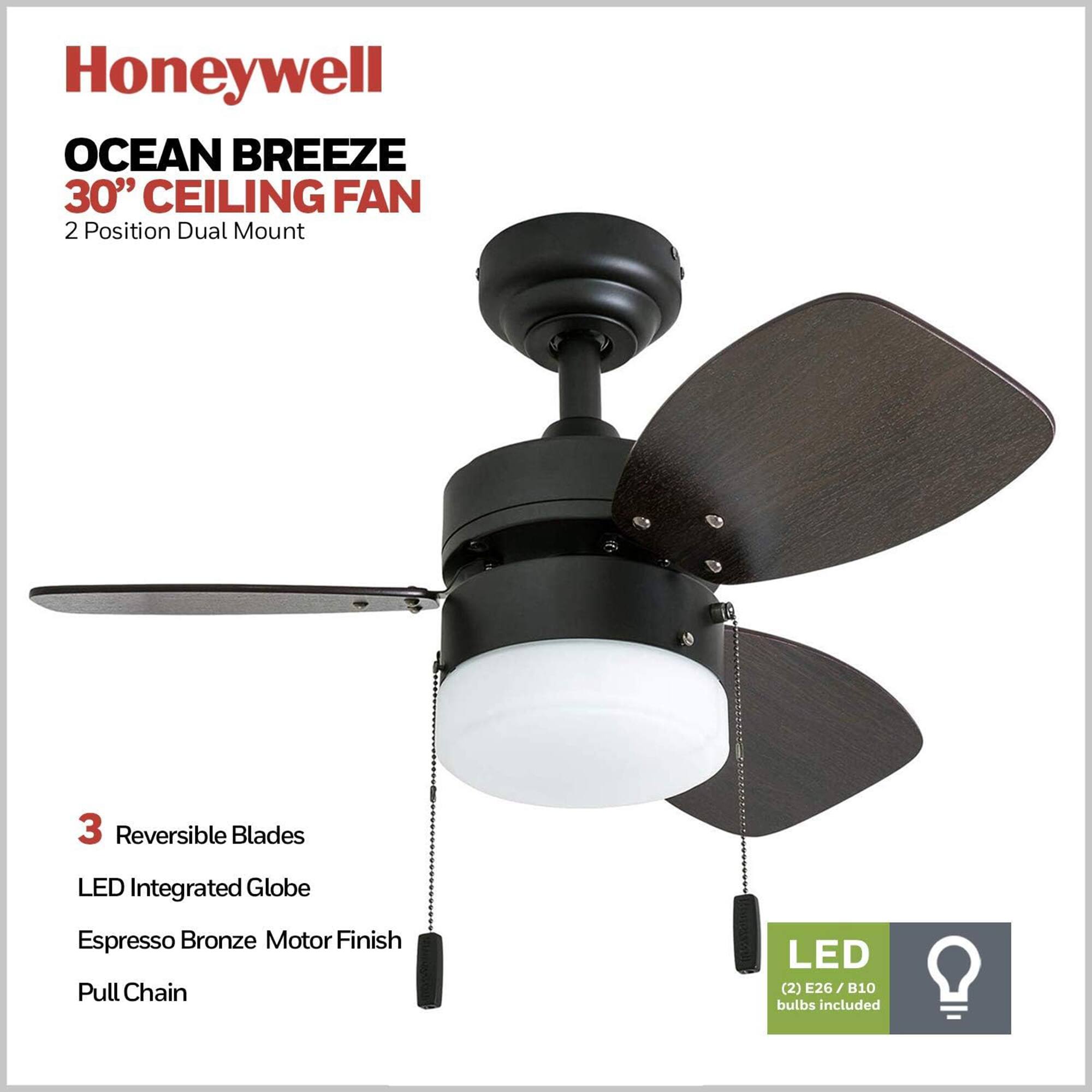 Honeywell OCEAN BREEZE 30" CEILING FAN 2 Position Dual Mount 3 Reversible Blades LED Integrated Globe Espresso Bronze Motor Finish Pull Chain LED (2) E26/B10 bulbs included
