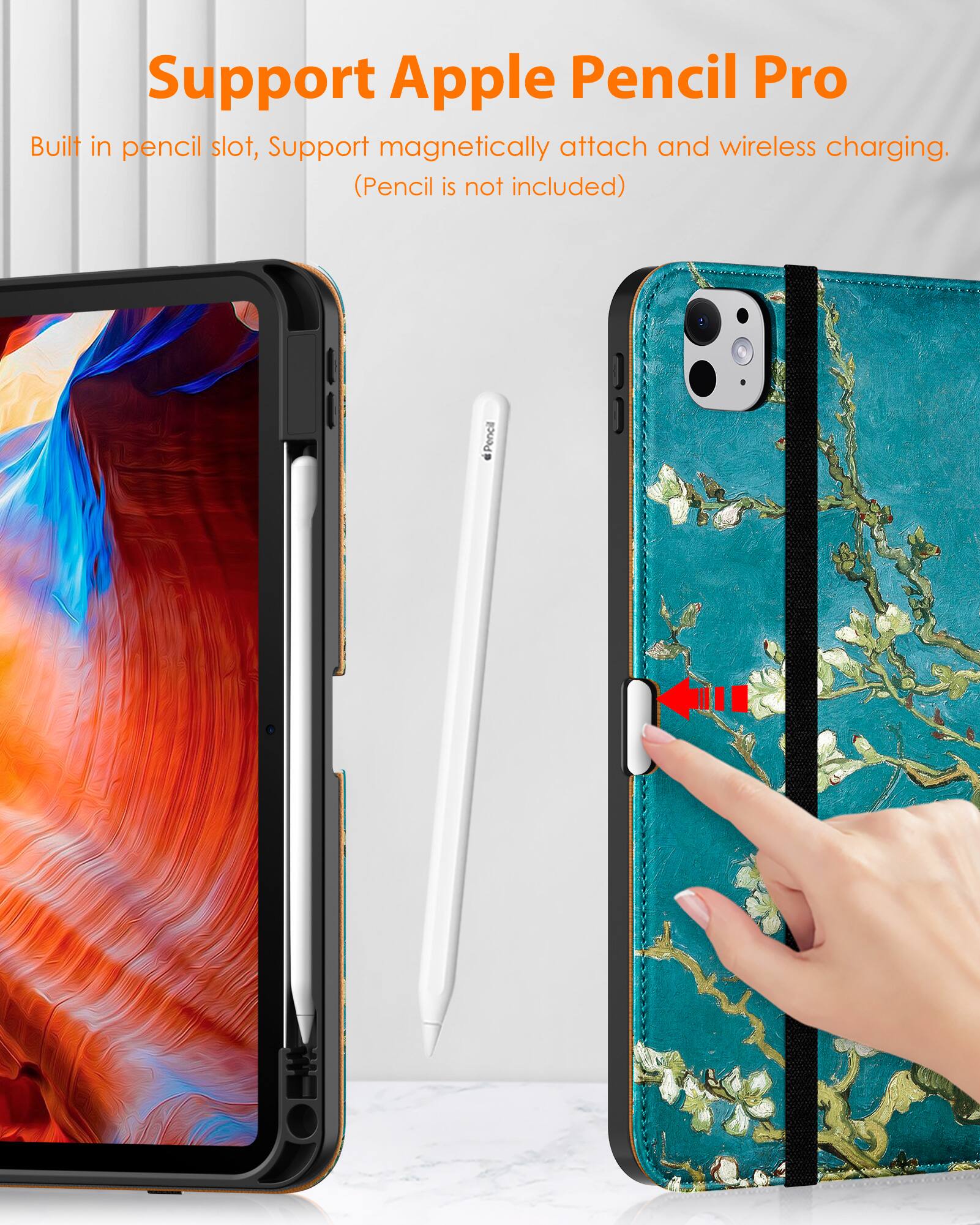 Support Apple Pencil Pro

Built in pencil slot, Support magnetically attach and wireless charging. (Pencil is not included)