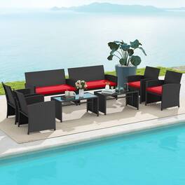 Gymax - Set of 8 Patio Conversation Set w/Seat Cushions & Tempered Glass Tabletop Porch Outdoor - Red