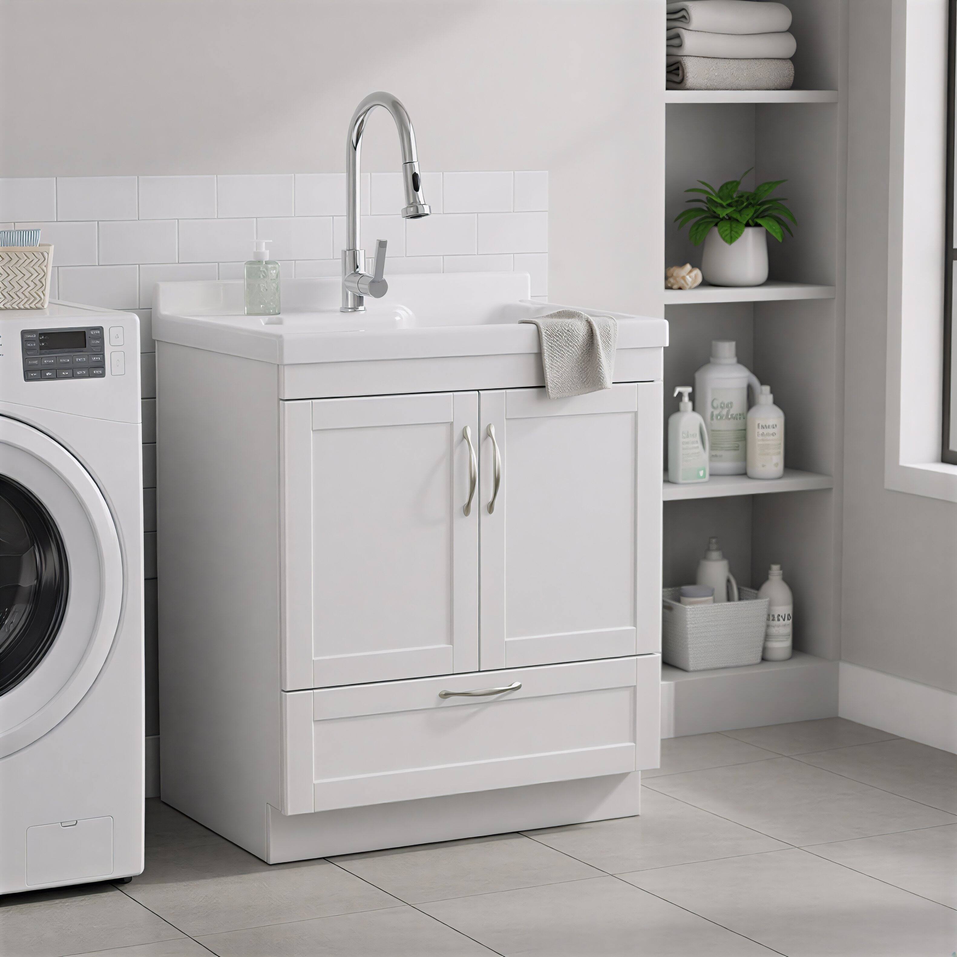 Simpli Home - Maile 28 inch Wide Utility Sink and Laundry Cabinet, Finish - Glacier White
