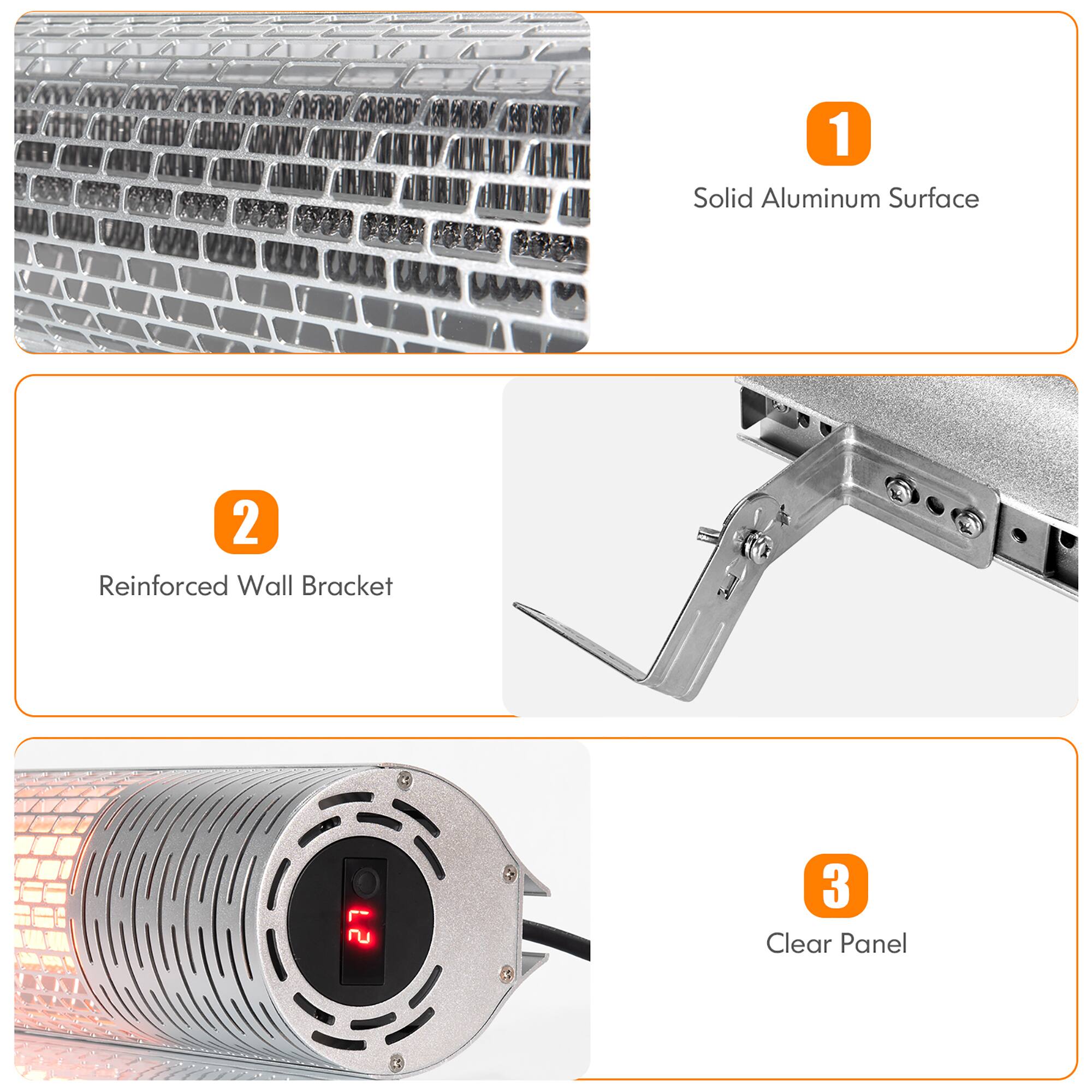 1. Solid Aluminum Surface  
2. Reinforced Wall Bracket  
3. Clear Panel