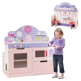 Costway - 2 in 1 Kids Play Kitchen & Cafe Restaurant Wooden Pretend Cooking Playset Toy - Multicolor